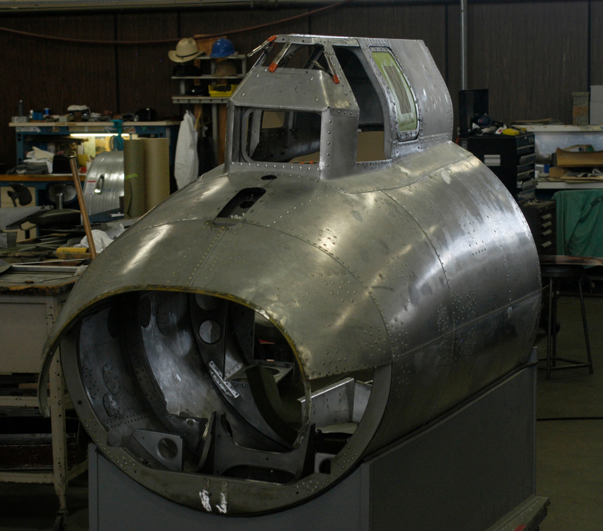 DAYTON, Ohio (8/31/2009) - The B-17F Memphis Belle tail gun position in the Restoration Hangar at the National Museum of the U.S. Air Force. The sheet metal is being repainted and fabricated as needed. (U.S. Air Force photo)