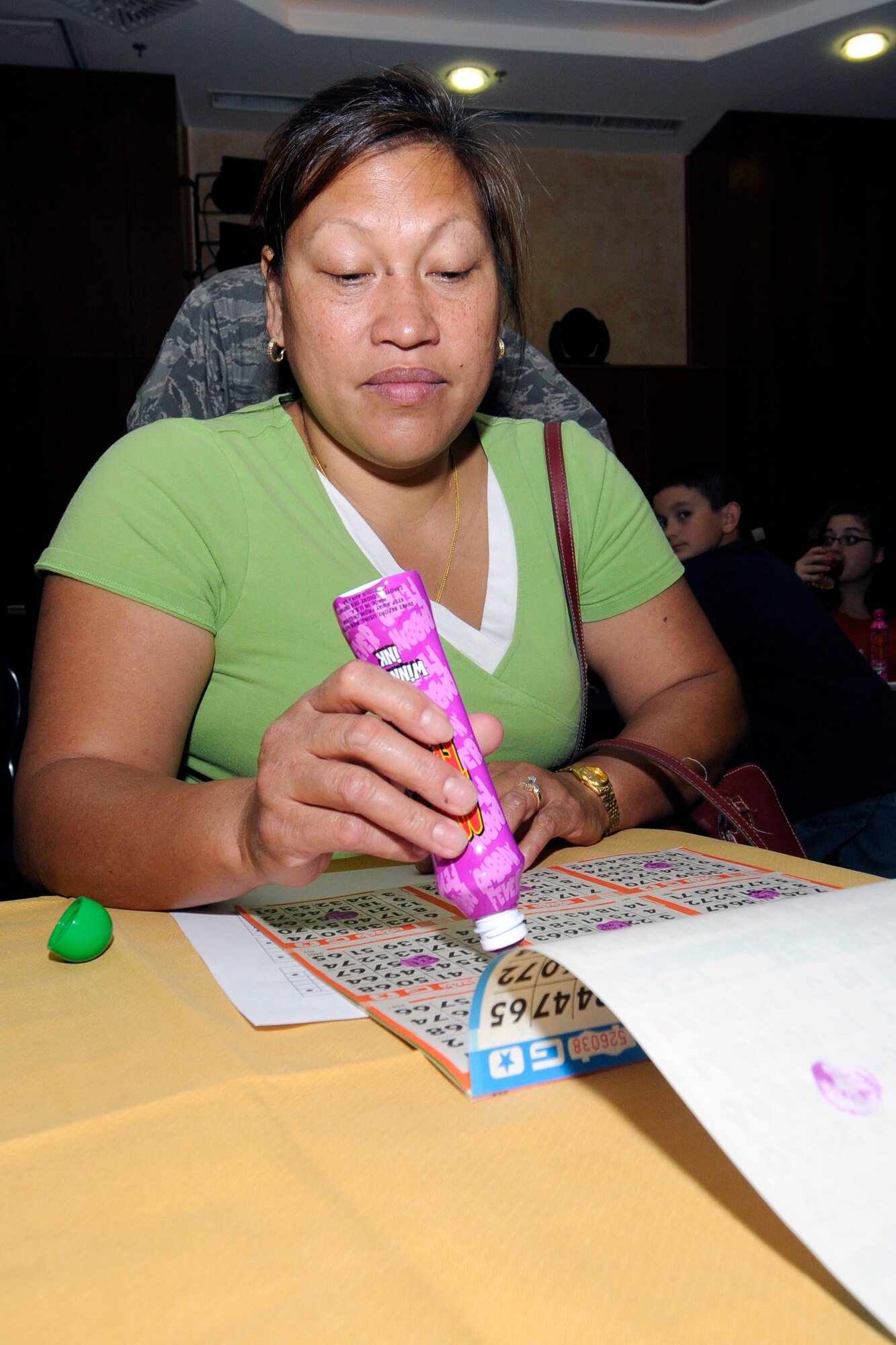 SPANGDAHLEM AIR BASE, Germany – Joy Peoples, spouse of Master Sgt. Edward Peoples, 52nd Aircraft Maintenance Squadron, was one of 25 participants in the Bingo and Crab Boil at Club Eifel Aug 26. Doors opened at 5 p.m. and participants could buy three bingo cards at the door for $25, with a jackpot of more than $1,000. Club Eifel holds the Bingo and Crab boil the last Wednesday of every month. (U.S. Air Force photo/Airman 1st Class Staci Miller)