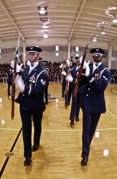 The United States Air Force Honor Guard Drill Team demonstrates their precision for the Florida Air Academy Aug. 28 in Melbourne, Fla. During the Florida tour, the Drill Team will be performing at military installations and local schools and communities to help raise awareness of the Air Force mission. (U.S. Air Force photo by Senior Airman Alexandre Montes)  