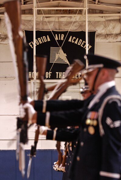 The United States Air Force Honor Guard Drill Team demonstrates their precision for the Florida Air Academy Aug. 28 in Melbourne, Fla. During the Florida tour, the Drill Team will be performing at military installations and local schools and communities to help raise awareness of the Air Force mission. (U.S. Air Force photo by Senior Airman Alexandre Montes)  