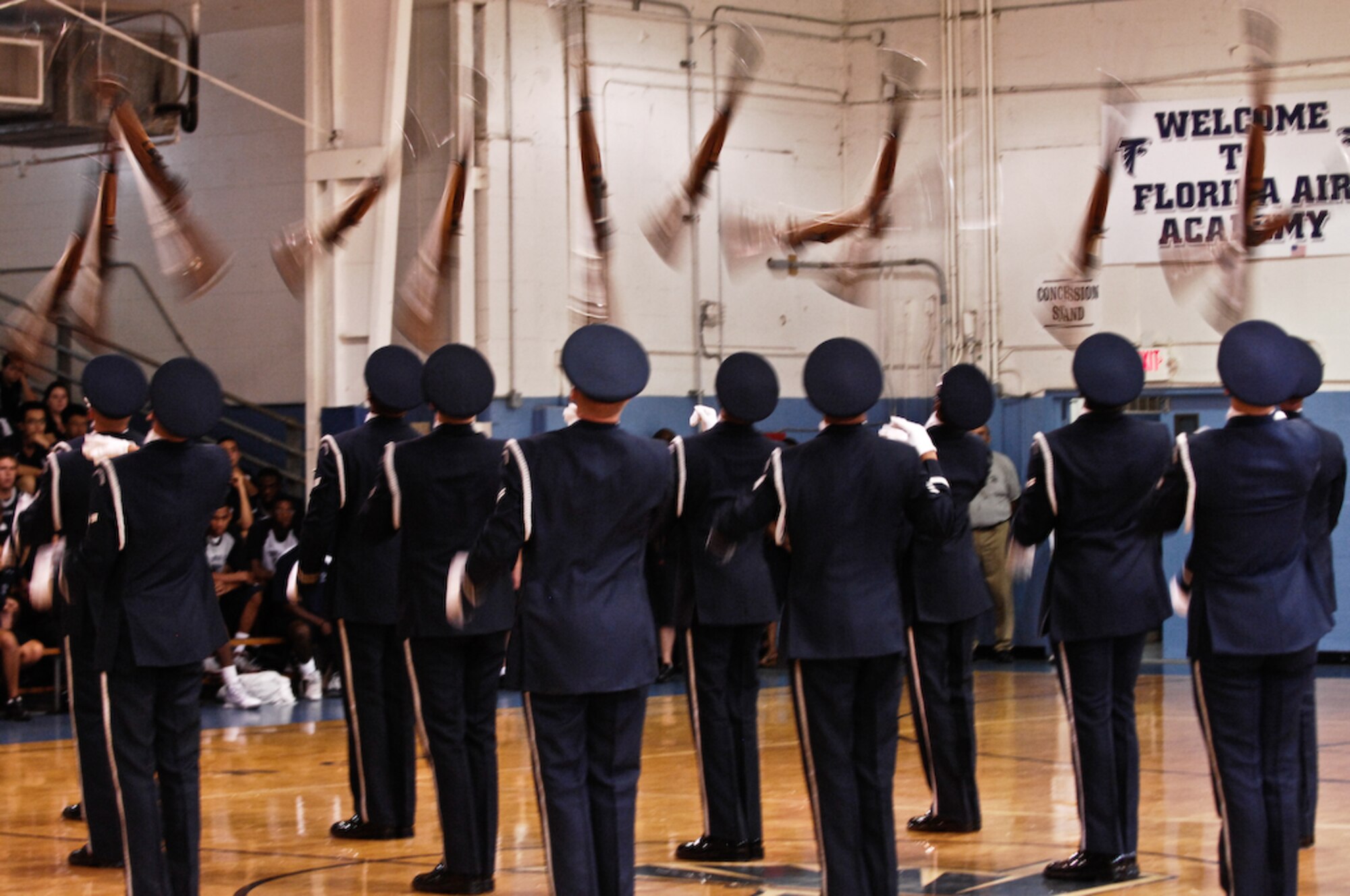 The United States Air Force Honor Guard Drill Team demonstrates their precision for the Florida Air Academy Aug. 28 in Melbourne, Fla. During the Florida tour, the Drill Team will be performing at military installations and local schools and communities to help raise awareness of the Air Force mission. (U.S. Air Force photo by Senior Airman Alexandre Montes)  