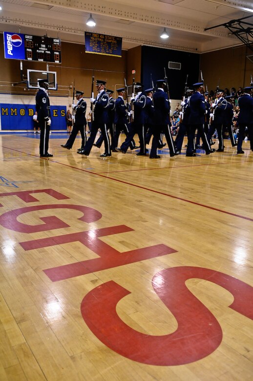 The United States Air Force Honor Guard Drill Team performs Aug. 28 at Eau Gallie High School in Melbourne, Fla. During the Florida tour, the Drill Team will be performing at military installations and local schools and communities to help raise awareness of the Air Force mission. (U.S. Air Force photo by Senior Airman Alexandre Montes)  