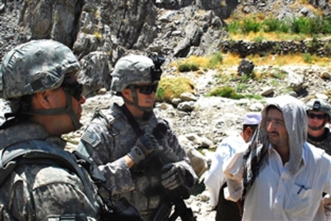 U.S. Air Force 1st Lt. Graham Auten, center, discusses a road project with contractors in the Tag Ab district of Kapisa province, Afghanistan, Aug. 24, 2009. Auten is a civil engineer assigned to the Kapisa Provincial Reconstruction Team.