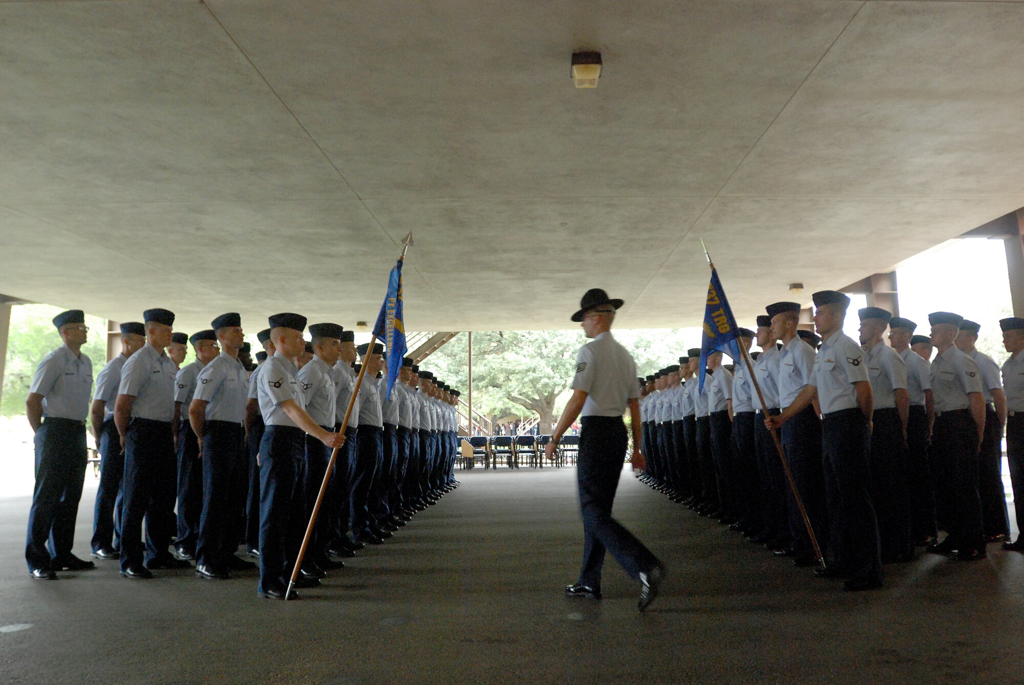 On their final day, members of the 2009 Distinguished Educator Tour saw a graduation from basic military training of the 331st Training Squadron. The ceremony was held inddors and shortened from the normal proceedings, which are held on the parade field at Lackland Air Force Texas. (U.S. Air Force photo/Airman 1st Class Brian McGloin)