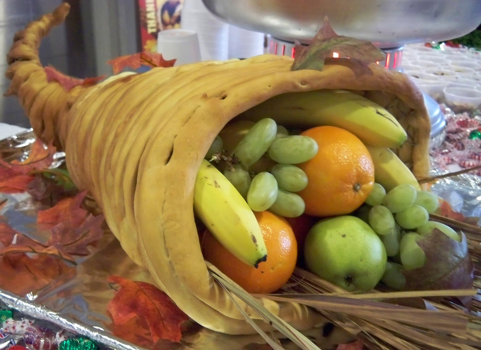 An edible cornucopia was part of the decorations for the Thanksgiving meal Nov. 26, and was handcrafted and baked by Staff Sgt. Rommel Ongaco, 436th Force Support Squadron shift supervisor. (U.S. Air Force photo/ Airman 1st Class Shen-Chia Chu)