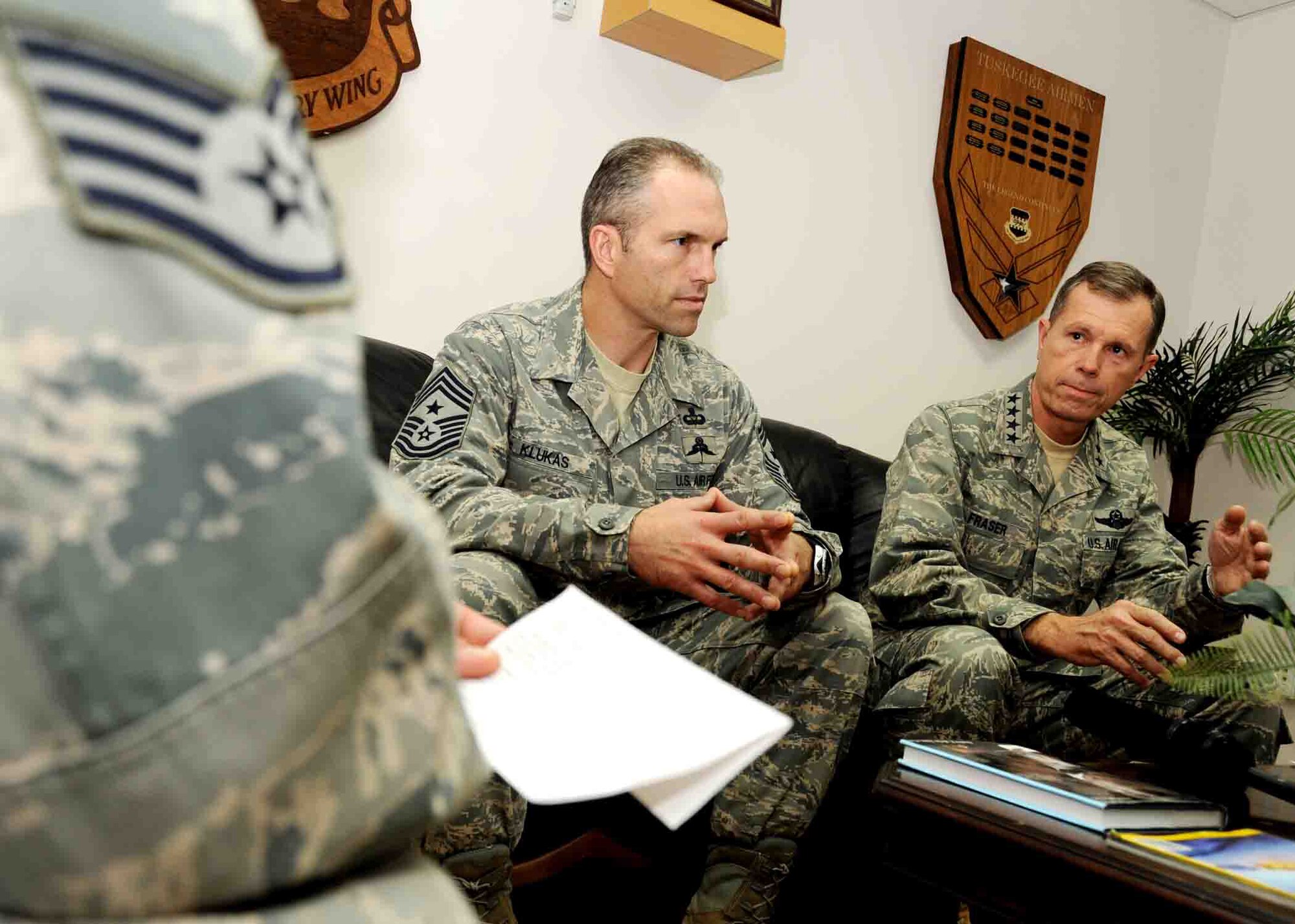 JOINT BASE BALAD, Iraq -- Gen. William M. Fraser III, commander of both Air 
Combat Command and the Air Component of Joint Forces Command, and ACC Command Chief Master Sgt. Marty S. Klukas sit down for an interview with Staff Sgt.
Jake Richmond, 332nd Air Expeditionary Wing public affairs journalist, at the 
wing headquarters Nov. 27, 2009. The two senior leaders visited the base to 
thank Airmen for their service and survey various missions. (U.S. Air Force 
photo/Senior Airman Christopher Hubenthal)
