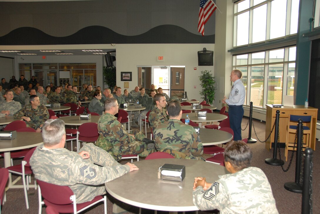 Chief Master Sgt. Chris Muncy, Air National Guard Command Chief Master Sgt., visits 178th Fighter Wing Nov. 30, 2009 for an informal town hall meeting. Chief Muncy made the visit while home celebrating Thanksgiving with his family.
