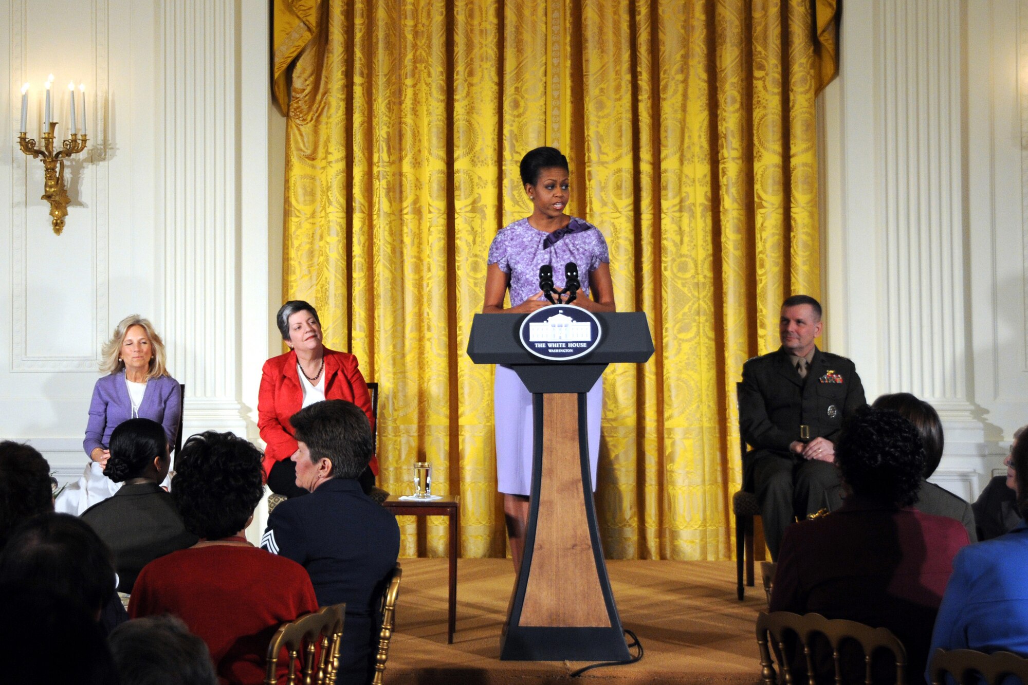 WASHINGTON -- First Lady Michelle Obama addresses guests at an afternoon tea, Nov. 18, 2009, at the White House, honroing all women who have served, or are serving in the U.S. military. (DoD photo by U.S. Navy Petty Officer 3rd Class William Selby)