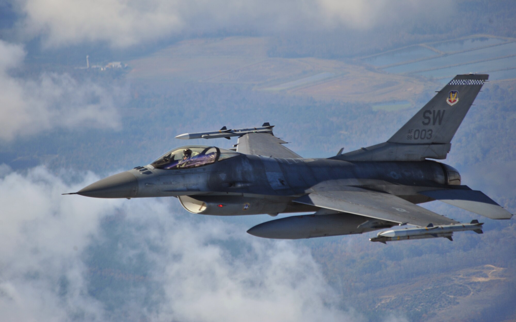 SHAW AIR FORCE BASE, S.C. -- Captain Matthew Feeman, an F-16 alert pilot from Shaw's 55th Fighter Squadron, approaches a Cessna airplane, flown by South Carolina's Civil Air Patrol, to initiate a "head butt" as part of exercise Fertile Keynote Nov. 19. A head butt is an action taken by the intercepting aircraft, after other communications like radio contact have failed, to redirect the intruder in the appropriate direction. Shaw Airmen supporting the alert mission, from maintainers to pilots, standby 'round the clock in case they are needed. "We have to be ready if the alarm goes off at 2:30 in the morning," said Master Sgt. William Partin, alert NCO-in-charge. "I want everything to be ingrained in them so they can get the mission done." (U.S. Air Force photo/Senior Airman Michael Cowley)