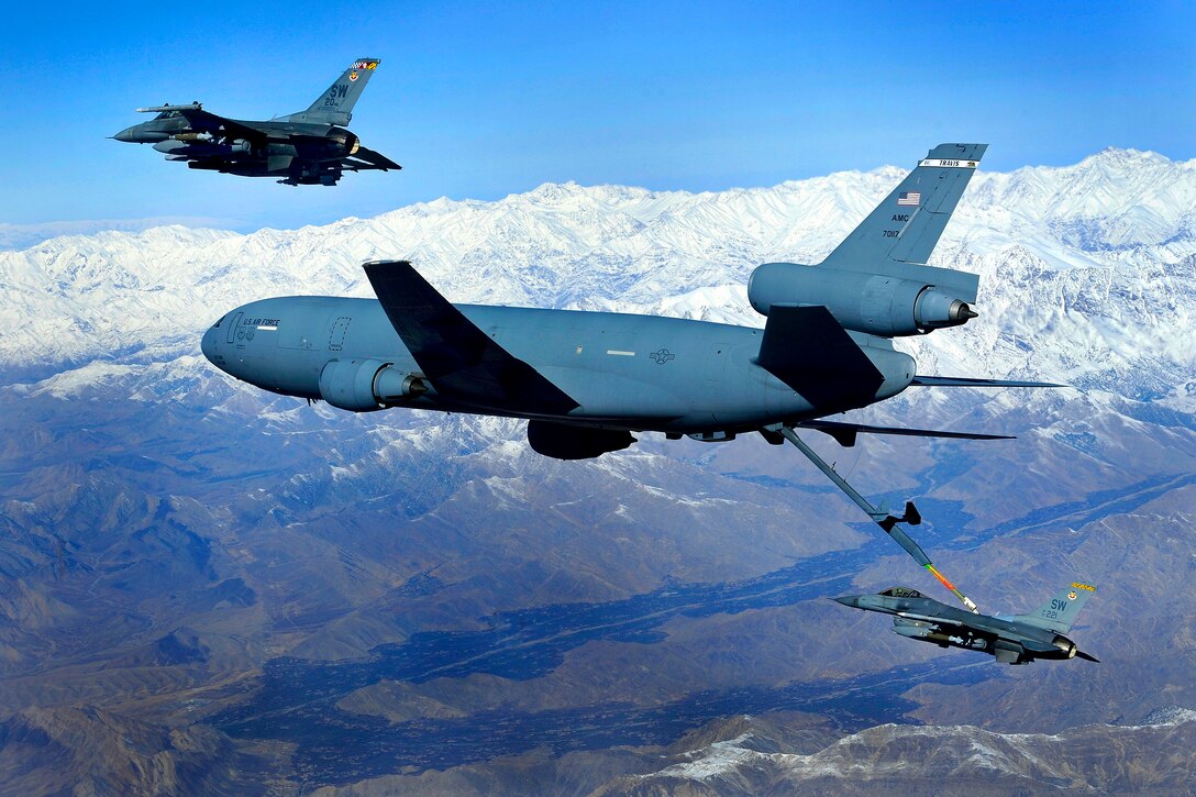 A U.S. Air Force KC-10A Extender aircraft refuels an F-16 Fighting Falcon over eastern Afghanistan, Nov. 26, 2009. The Force KC-10A Extender is assigned to the 908th Expeditionary Air Refueling Squadron and the F-16 Fighting Falcon is assigned to the 79th Expeditionary Fighter Squadron.