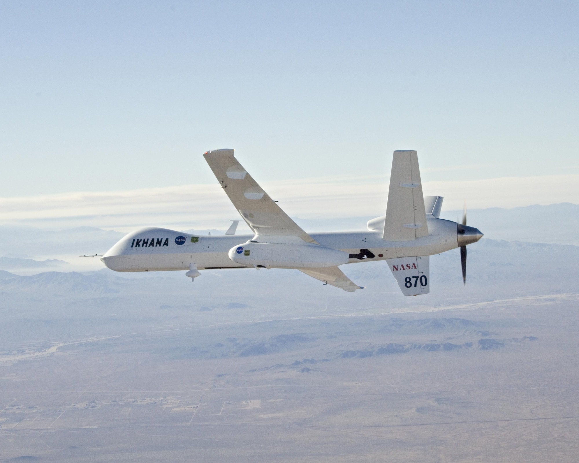 NASA's Predator B unmanned aircraft, the Ikhana, heads out on a Southern California wildfire imaging mission. (NASA Photo / Jim Ross)
