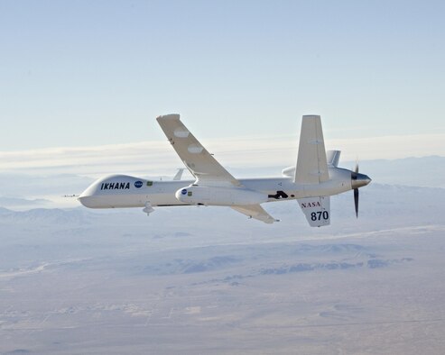 NASA's Predator B unmanned aircraft, the Ikhana, heads out on a Southern California wildfire imaging mission. (NASA Photo / Jim Ross)
