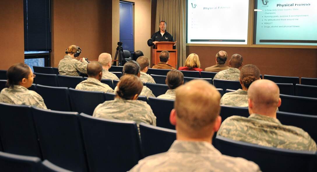 LANGLEY AIR FORCE BASE, Va. -- Coach Doug Merrill, ultra-marathon runner and author of "Fighting the Demons of Suicide," speaks to Langley Airmen Dec. 1 about achieving positive mental health through physical fitness. As a motivational speaker, Coach Merrill encourages young adults to stay active, achieve goals, and watch for suicidal symptoms in friends and family members. (U.S. Air Force photo/Airman 1st Class Gul Crockett) 