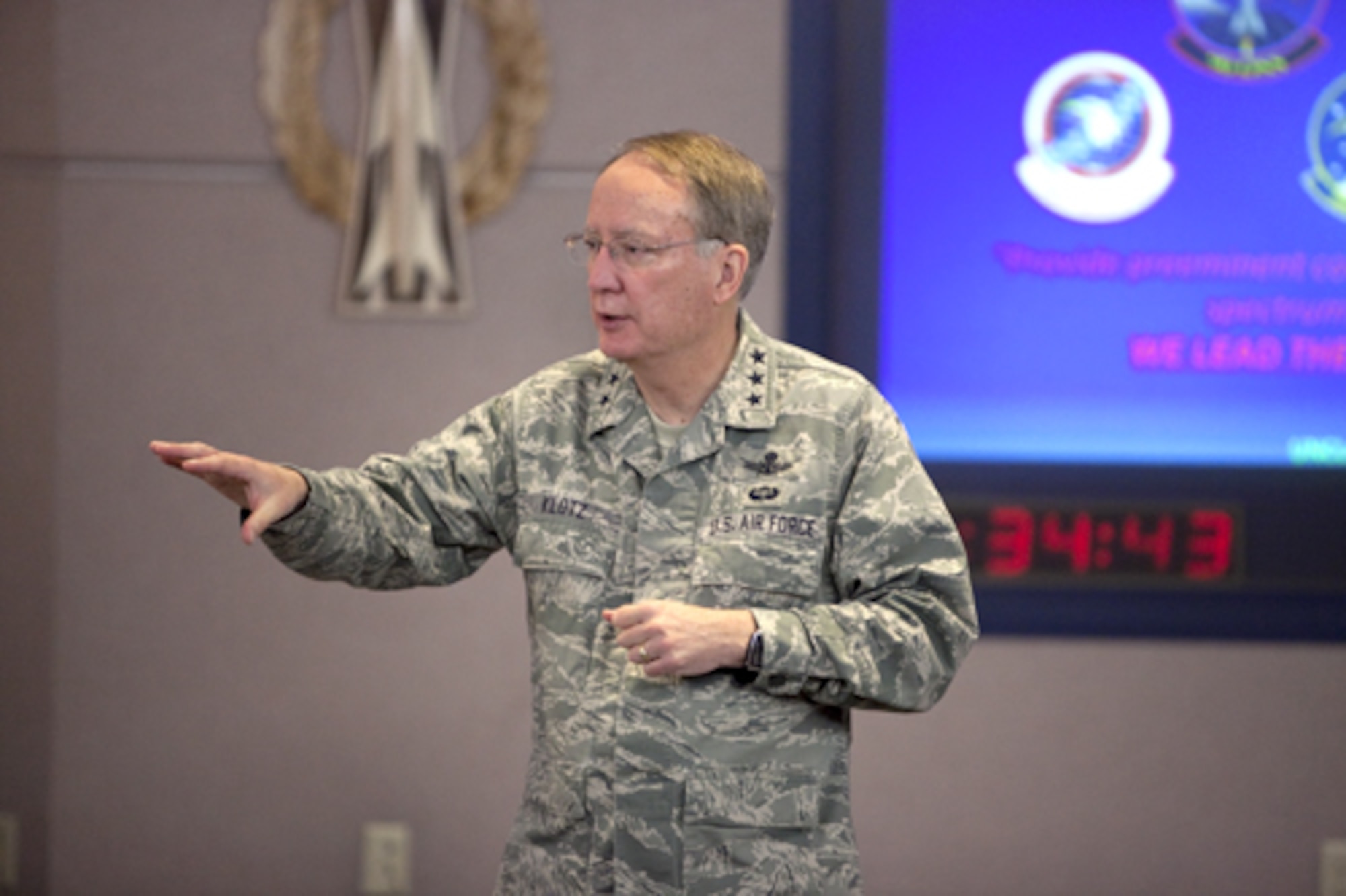 F.E. WARREN AIR FORCE BASE, Wy. -- Lt. Gen. Frank Klotz, Air Force Global Strike Command commander, addresses the men and women of the 90th Operations Group, F.E. Warren AFB, Wyo., during their pre-departure brief Tuesday.  General Klotz met with installation leadership, community leaders and Airmen during visits to Warren; Malmstrom AFB, Mont.; and Minot AFB N.D.; as AFGSC assumed responsibility for the ICBM mission Tuesday.