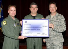 Lt. Gen. Vern Findley, center, presents Col. John Wood, left, and Chief Master Sgt. Mike Ivey with a $100,000 check at Scott AFB, Ill., Nov. 18 to award Charleston AFB's outstanding energy conservation practices during fiscal year 2008. Eleven Air Mobility Command installations competed for top energy conservation awards, with Charleston AFB taking top honors. General Findley is the AMC vice commander, Colonel Wood is the 437th Airlift Wing commander and Chief Ivey is the 437 AW command chief. (U.S. Air Force photo/Airman 1st Class Tristin English)