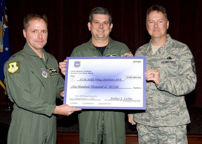 Lt. Gen. Vern Findley, center, presents Col. John Wood, left, and Chief Master Sgt. Mike Ivey with a $100,000 check at Scott AFB, Ill., Nov. 18 to award Charleston AFB's outstanding energy conservation practices during fiscal year 2008. Eleven Air Mobility Command installations competed for top energy conservation awards, with Charleston AFB taking top honors. General Findley is the AMC vice commander, Colonel Wood is the 437th Airlift Wing commander and Chief Ivey is the 437 AW command chief. (U.S. Air Force photo/Airman 1st Class Tristin English)