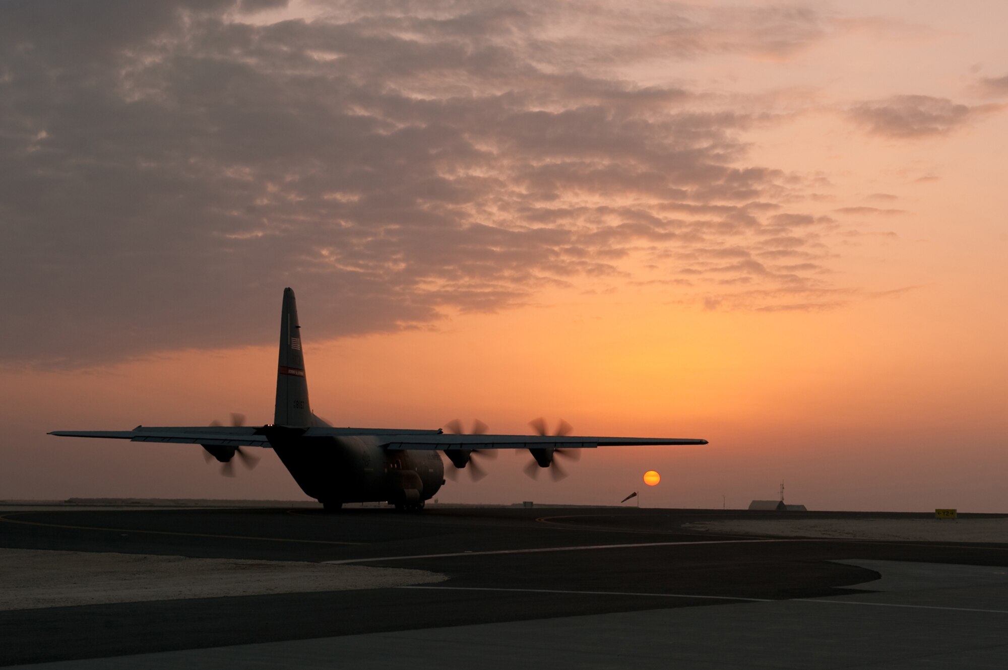 A 746th Expeditionary Airlift Squadron C-130J Hercules takes off on an airlift mission, Dec. 1, 2009, in Southwest Asia. The 746 EAS provides intratheater combat airlift support throughout the U.S. Central Command area of responsibility in support of operations Iraqi Freedom and Enduring Freedom. (U.S. Air Force photo/Staff Sgt. Robert Barney/Released)