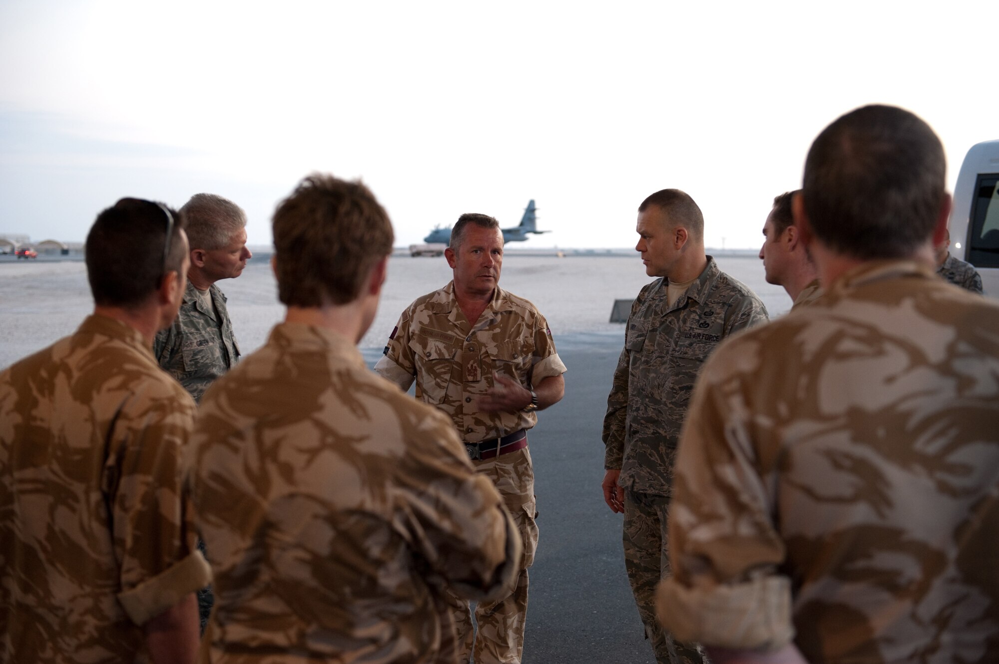 Chief Master Sgt. of the Air Force James A. Roy meets with Royal Air Force service members from Number 83 Expeditionary Air Group, Nov. 30, 2009. Chief Roy is touring the U.S. Air Forces Central Command area of responsibility, visiting with Airmen and addressing numerous issues affecting service members who are deployed in support of operations Iraqi Freedom and Enduring Freedom. (U.S. Air Force photo/Staff Sgt. Robert Barney)