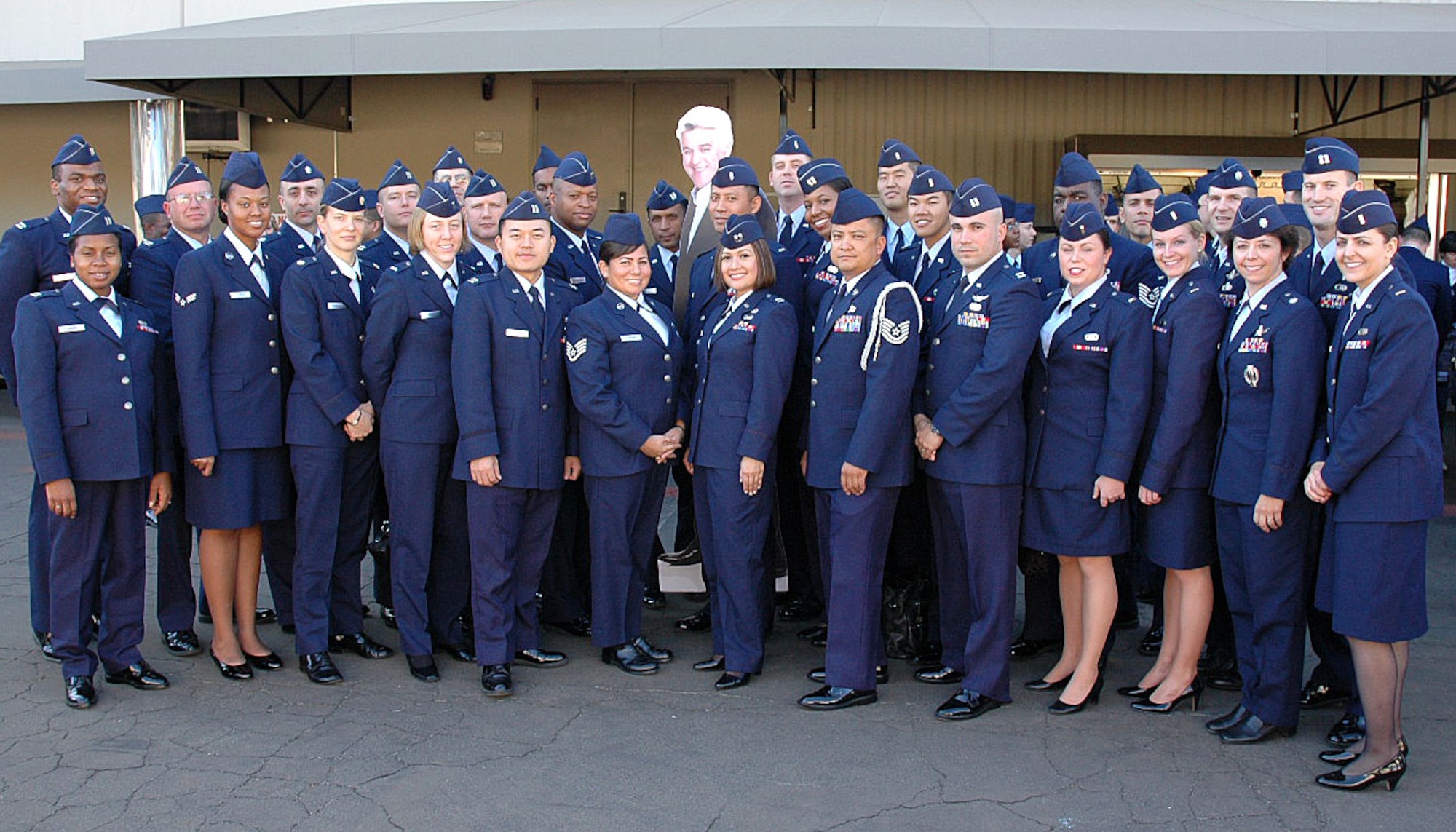Los Angeles Air Force Base personnel take a group photo outside NBC Studios, Burbank, Calif., with Jay Leno’s cardboard silhouette, Nov. 26. The participants came from various military bases around Southern California to be a part of the all-military audience for the Jay Leno Show’s military tribute on Thanksgiving Day. (Photo by 2nd Lt. Mara Title)