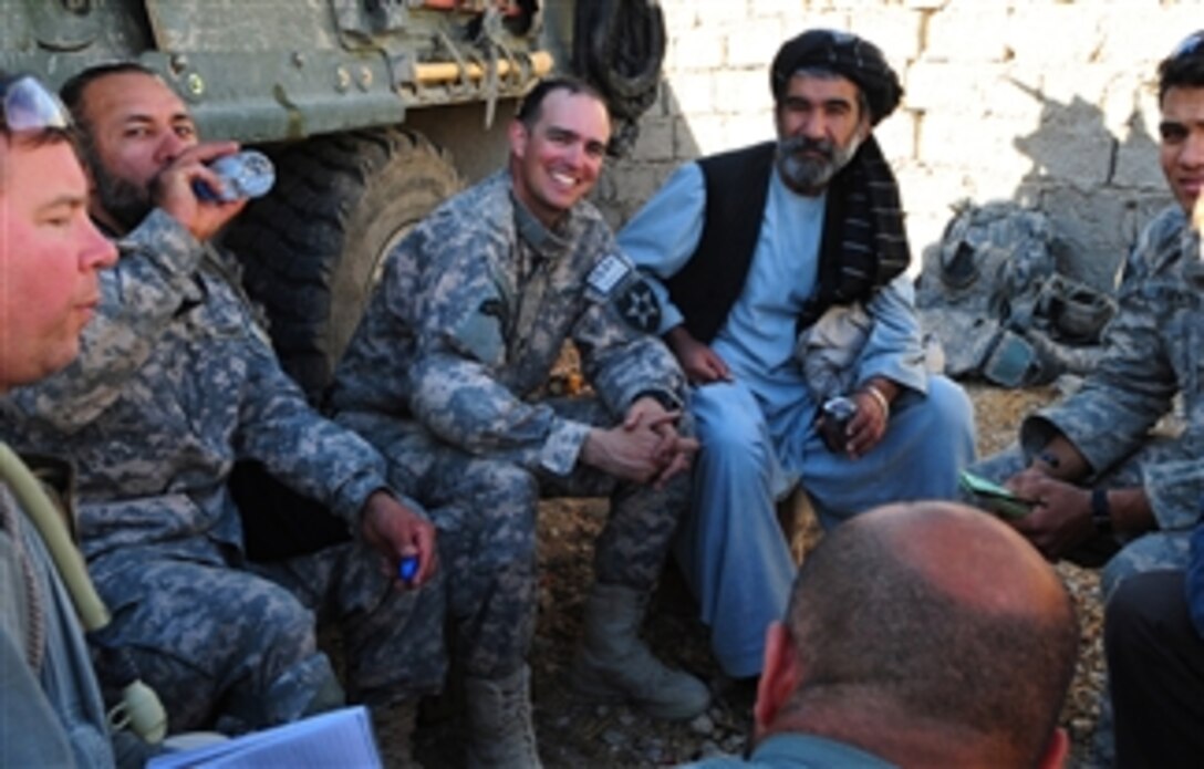 U.S. Army Capt. Max Hanlin, commander of Charlie Company, 1st Battalion, 17th Infantry Regiment, meets with Afghan elders at a combat outpost in Rajankala, Kandahar province, Afghanistan, on Nov. 26, 2009.  The Army operates from combat outposts to add flexibility to operations in their sectors.  