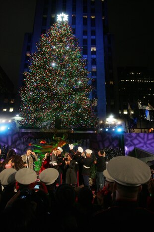 NEW YORK -- Marines from 6th Communications Battalion, 4th Marine Logistics Group, who recently returned from an Iraq deployment joined New York City mayor Michael Bloomberg and musicians Michael Buble and Aretha Franklin in lighting the 76 ft. Christmas Tree during NBC's 77th Annual Live Holiday Celebration, Dec. 2. Marines from numerous local units attended the event as special guests in front of the stage for the evenings celebration. (Official Marine Corps photo by Sgt. Randall A. Clinton)