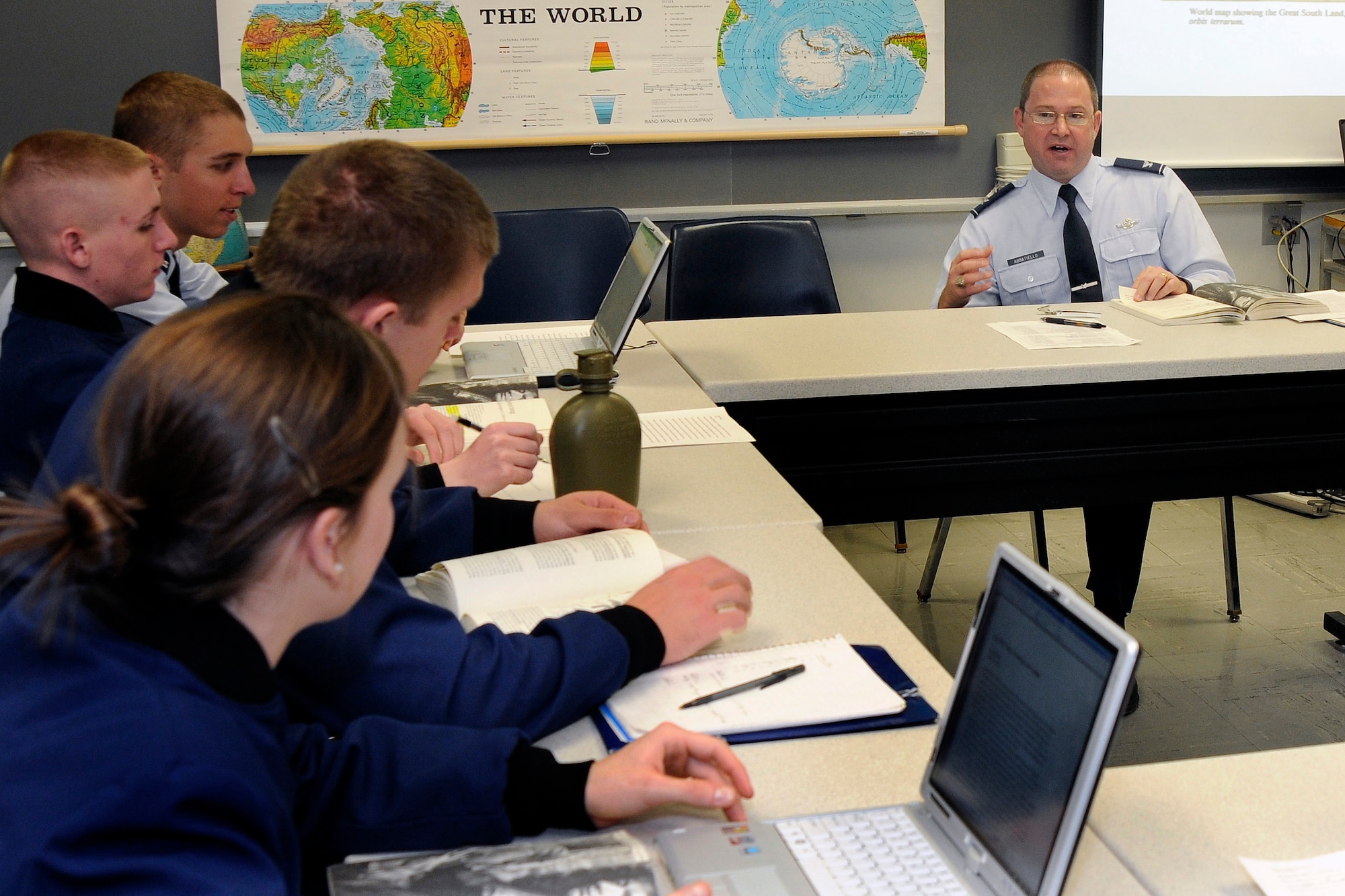 Col. John Abbatiello talks to cadets during a history class at the Air Force Academy in Colorado Springs, Colo., Feb. 2, 2009. The Higher Learning Commission of the North Central Association of Colleges and Schools cited the Academy's "enviable" 8:1 student-teacher ratio as one of the strengths in a report released Oct. 27. Colonel Abbatiello is the deputy head of the Academy's Department of History. (U.S. Air Force photo/Dave Ahlschwede)