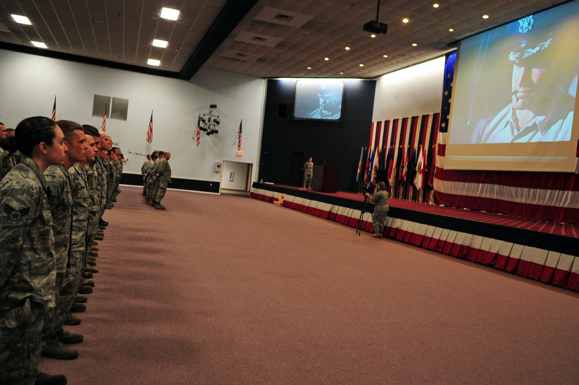Col. Steven Basham, 2d Bomb Wing commander, addresses the men and women of Barksdale’s 2d BW in preparation for an upcoming conventional operational readiness inspection. Colonel Basham said,  “I know you are tired,” and sympathized with Airmen about the long hours and missed weekends they have contributed to the mission.  He advised them, that he would again call on their excellence and attention to detail for the upcoming CORI, and reminded Airmen to always remember their reason for serving for inspiration when they feel they have nothing left to give. (U.S. Air Force photo by Senior Airman Joanna M. Kresge)