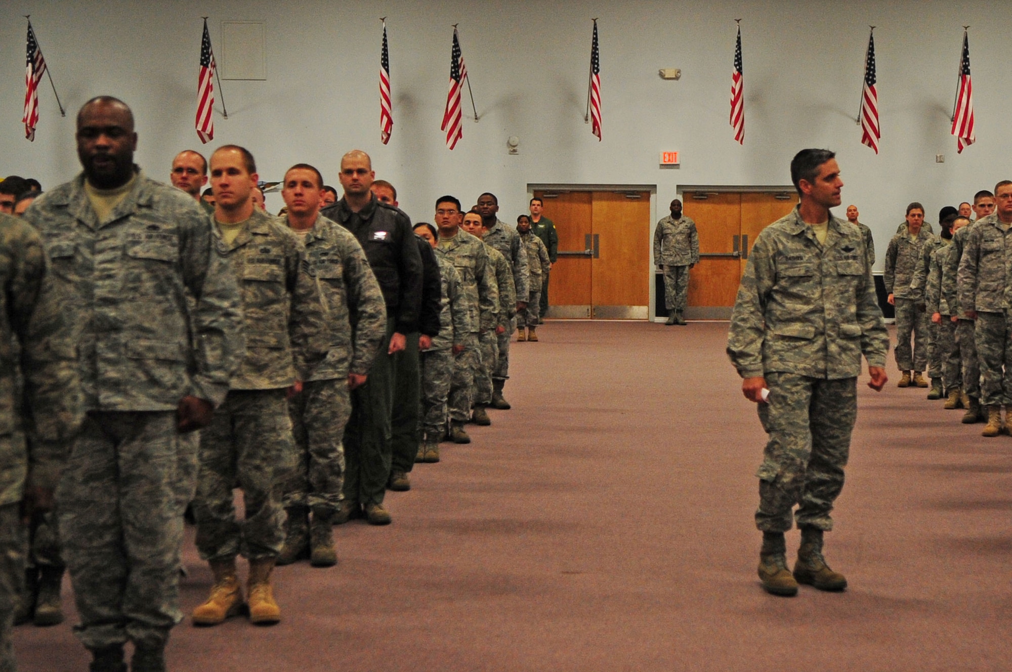 Col. Steven Basham, 2d Bomb Wing commander, addresses the men and women of Barksdale’s 2d BW in preparation for an upcoming conventional operational readiness inspection. Colonel Basham said,  “I know you are tired,” and sympathized with Airmen about the long hours and missed weekends they have contributed to the mission.  He advised them, that he would again call on their excellence and attention to detail for the upcoming CORI, and reminded Airmen to always remember their reason for serving for inspiration when they feel they have nothing left to give. (U.S. Air Force photo by Senior Airman Joanna M. Kresge)