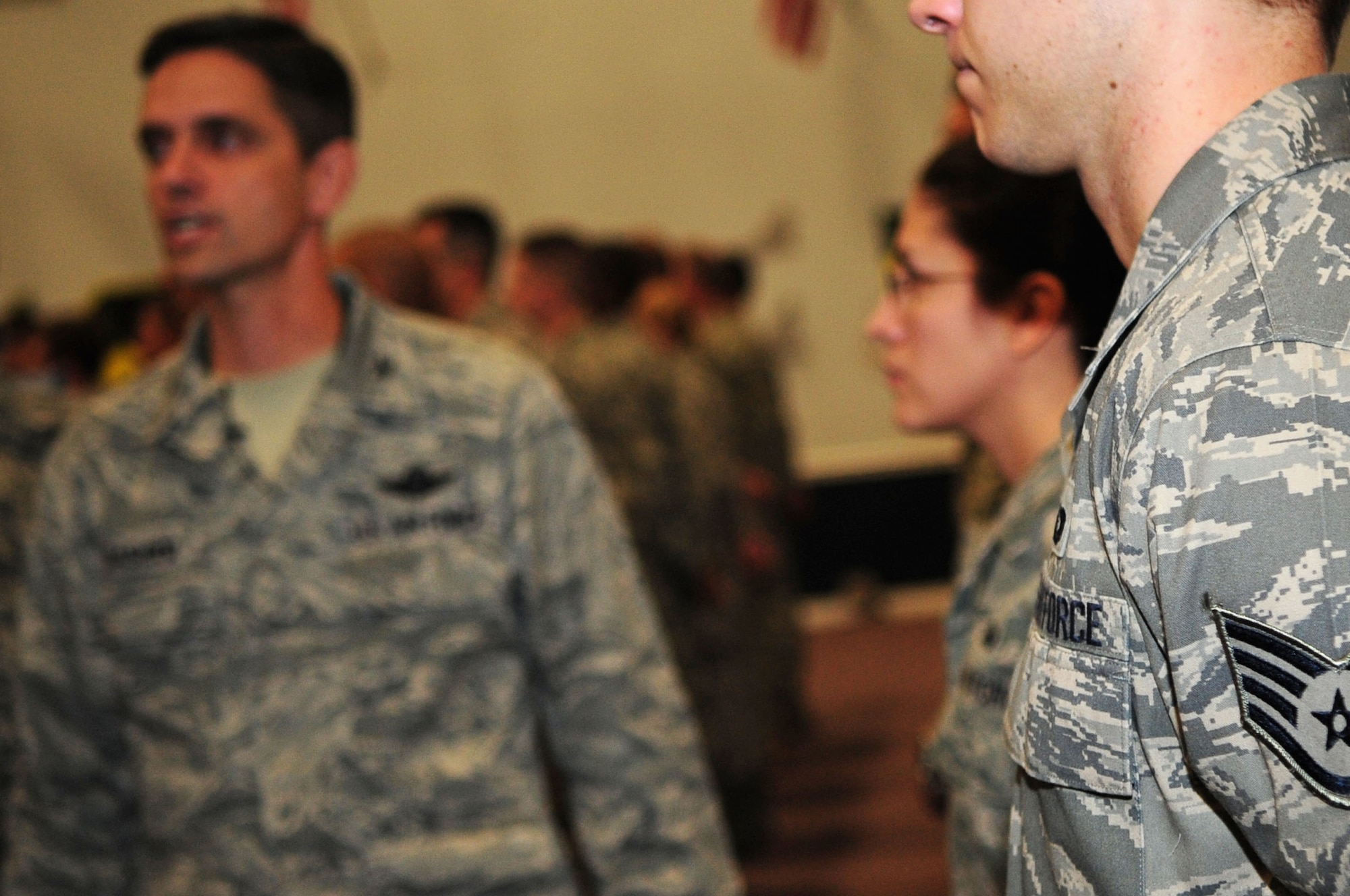 Col. Steven Basham, 2d Bomb Wing commander, addresses the men and women of Barksdale’s 2d BW in preparation for an upcoming conventional operational readiness inspection. Colonel Basham said,  “I know you are tired,” and sympathized with Airmen about the long hours and missed weekends they have contributed to the mission.  He advised them, that he would again call on their excellence and attention to detail for the upcoming CORI, and reminded Airmen to always remember their reason for serving for inspiration when they feel they have nothing left to give. (U.S. Air Force photo by Senior Airman Joanna M. Kresge)