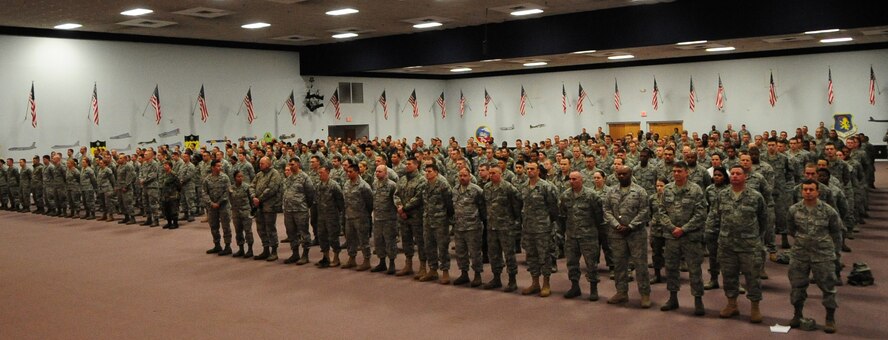 Col. Steven Basham, 2d Bomb Wing commander, addresses 2d BW Airmen in preparation the upcoming conventional operational readiness inspection. Colonel Basham said, “I know you are tired and worn out” and sympathized about the long hours and missed weekends they have contributed to the mission.  He advised them that he would again call on their excellence and attention to detail for the upcoming CORI, and reminded Airmen to always remember their reason for serving for inspiration. (U.S. Air Force photo by Senior Airman Joanna M. Kresge)