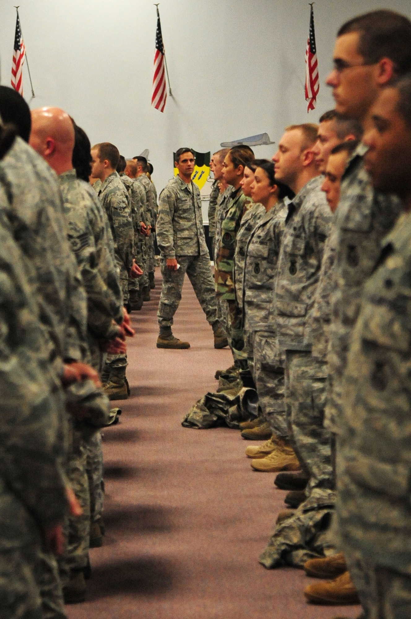 Col. Steven Basham, 2d Bomb Wing commander, addresses the men and women of Barksdale’s 2d BW in preparation for an upcoming conventional operational readiness inspection. Colonel Basham said,  “I know you are tired,” and sympathized with Airmen about the long hours and missed weekends they have contributed to the mission.  He advised them, that he would again call on their excellence and attention to detail for the upcoming CORI, and reminded Airmen to always remember their reason for serving for inspiration when they feel they have nothing left to give. (U.S. Air Force photo by Senior Airman Joanna M. Kresge)