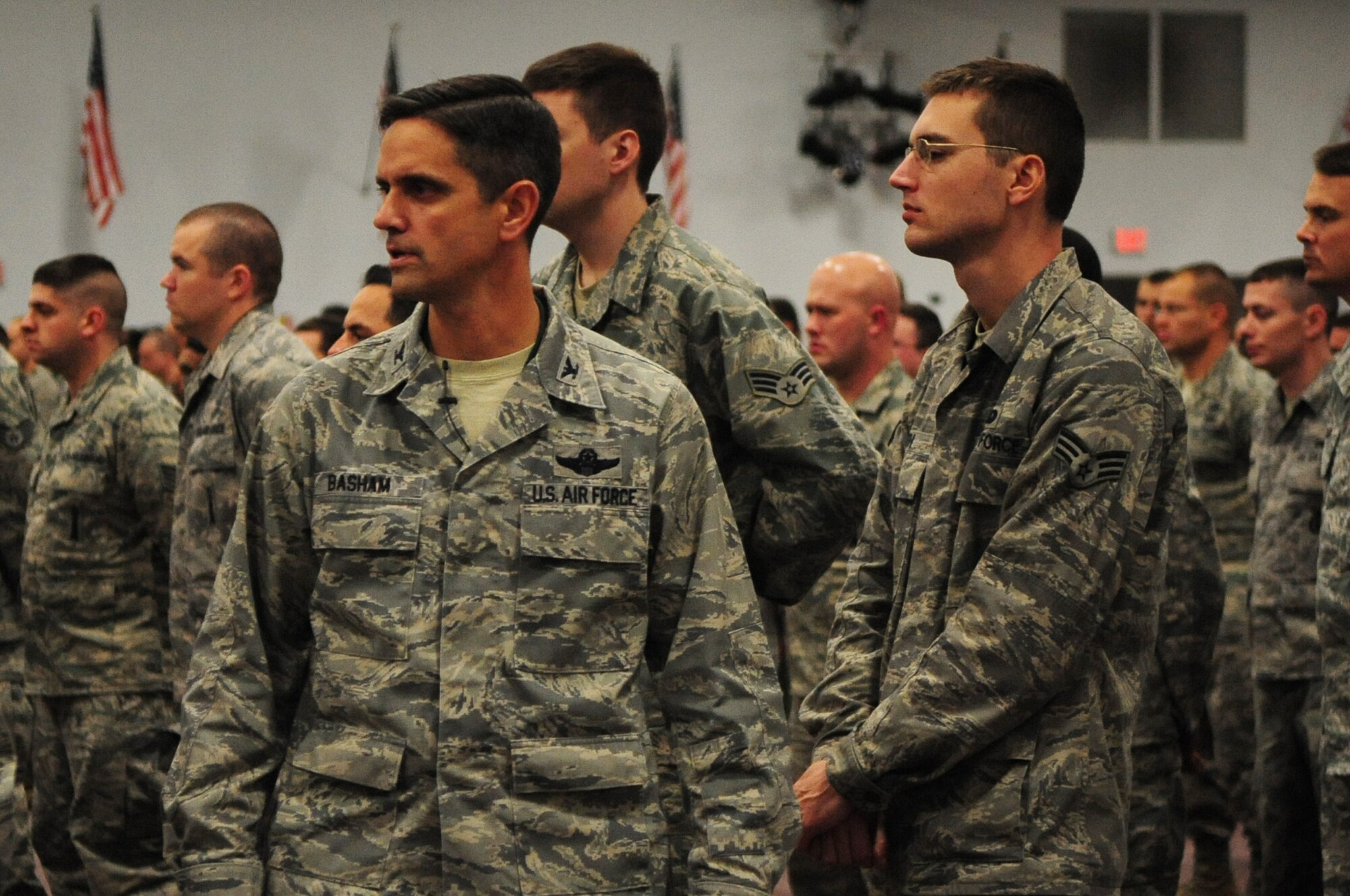 Col. Steven Basham, 2d Bomb Wing commander, addresses the men and women of Barksdale’s 2d BW in preparation for an upcoming conventional operational readiness inspection. Colonel Basham said,  “I know you are tired,” and sympathized with Airmen about the long hours and missed weekends they have contributed to the mission.  He advised them, that he would again call on their excellence and attention to detail for the upcoming CORI, and reminded Airmen to always remember their reason for serving for inspiration when they feel they have nothing left to give. (U.S. Air Force photo by Senior Airman Joanna M. Kresge)