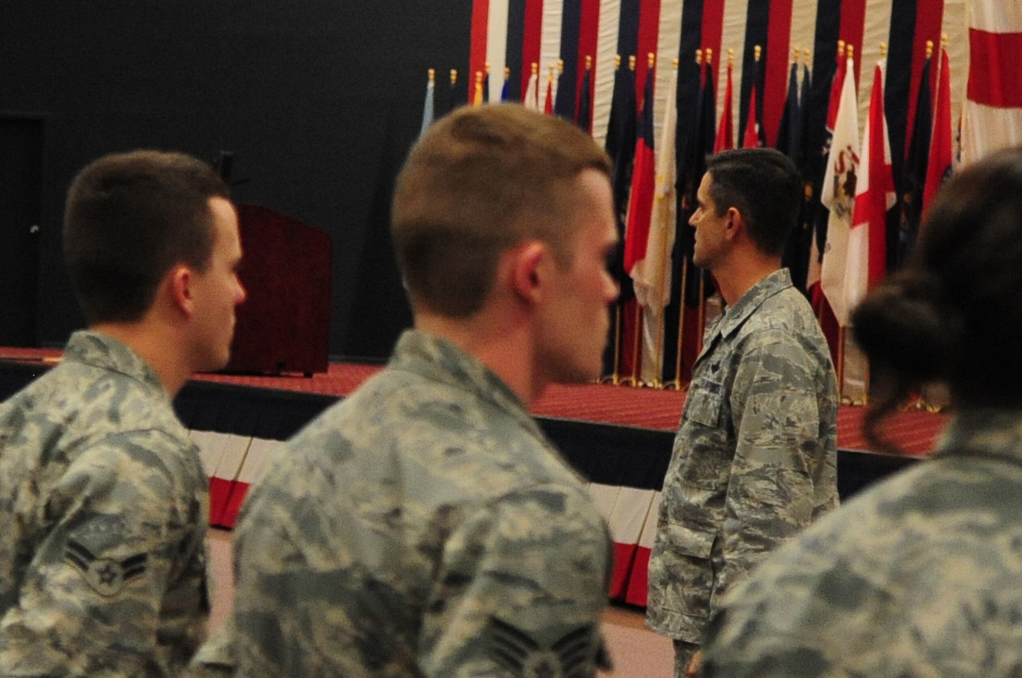 Col. Steven Basham, 2d Bomb Wing commander, addresses the men and women of Barksdale’s 2d BW in preparation for an upcoming conventional operational readiness inspection. Colonel Basham said,  “I know you are tired,” and sympathized with Airmen about the long hours and missed weekends they have contributed to the mission.  He advised them, that he would again call on their excellence and attention to detail for the upcoming CORI, and reminded Airmen to always remember their reason for serving for inspiration when they feel they have nothing left to give. (U.S. Air Force photo by Senior Airman Joanna M. Kresge)