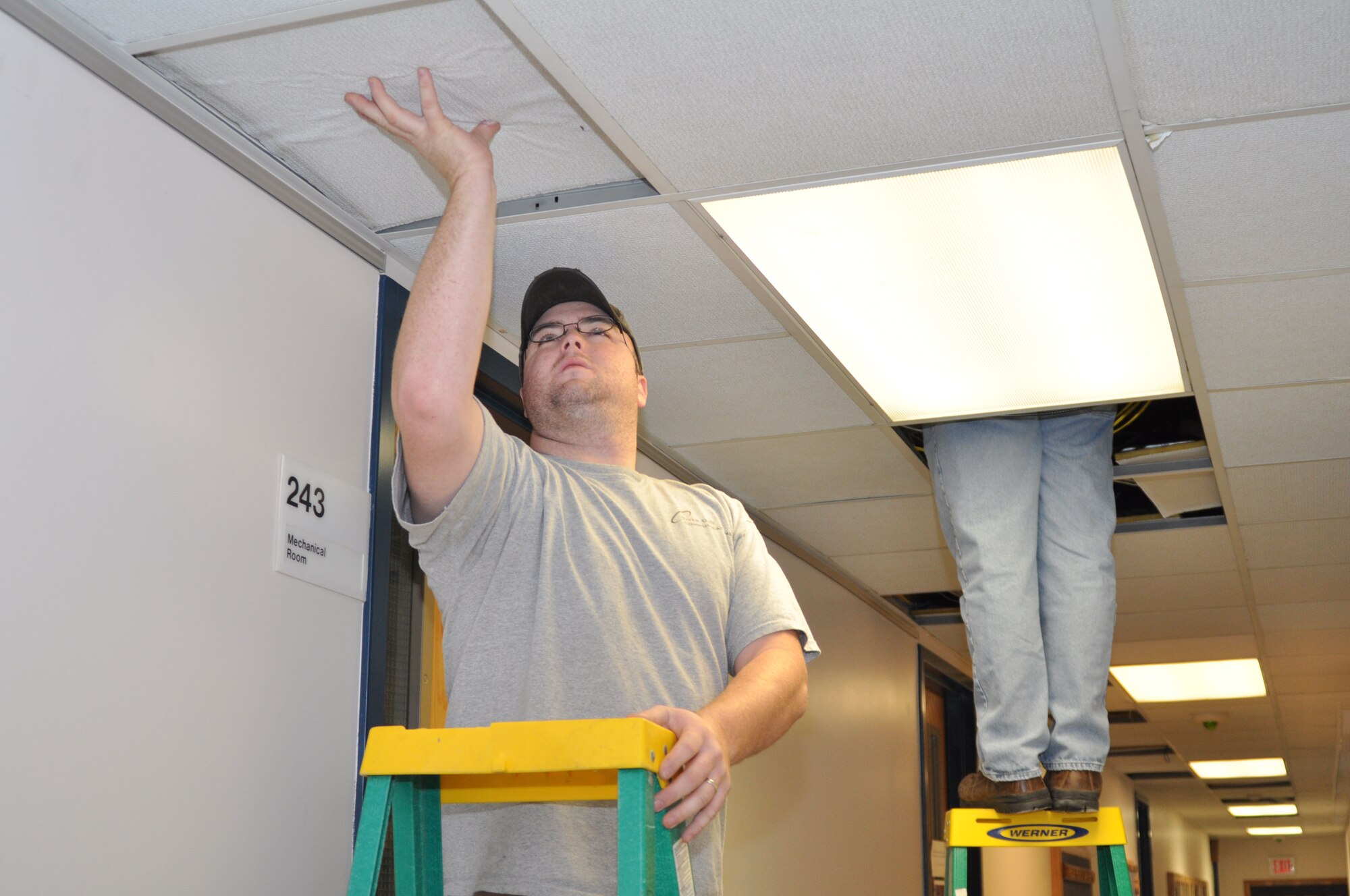 Civilian contractors are hard at work remodeling a new testing facility in the 917th Wing Headquarters building at Barksdale Air Force Base, La. The project is the first of many planned on Barksdale to accommodate the growing mission of the installation and the Total Force Integration process. The facility will increase the number of personnel in the wing who will be able to test at one time, taking that number from 12 to 24. The facility will also be used for standard evaluation testing by both the 93rd Bomb Squadron and 47th Fighter Squadron on Barksdale, which train both active duty and reserve pilots. The construction taking place in the 917th WG is one of many projects planned for Barksdale. The entire bill for the work to be done on the installation is more than 11 million dollars. (U.S. Air Force photo/Senior Airman Crystal MK Jordan)