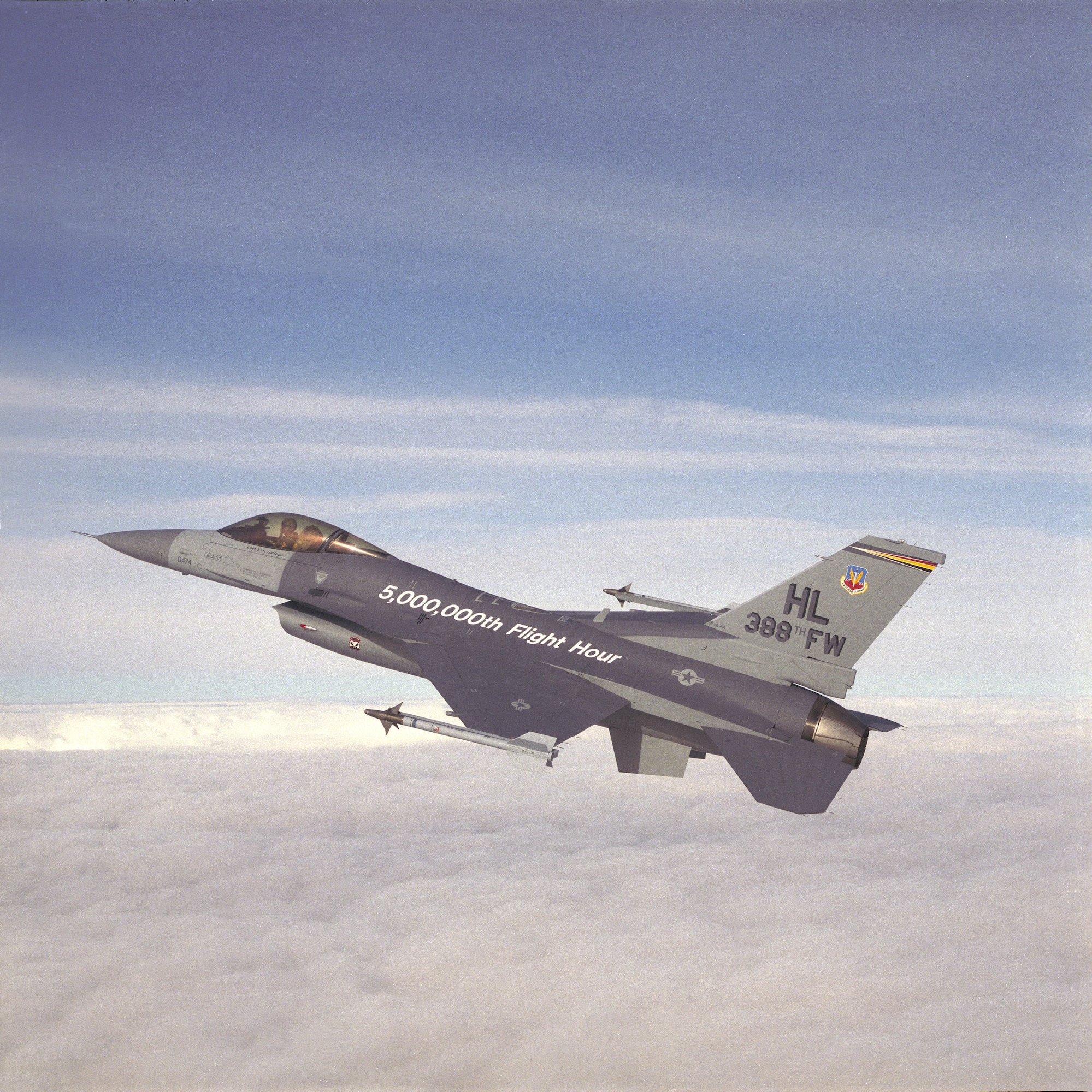 Capt. Kurt Gallegos, now Lt. Col. Gallegos, flying the five million flight-hour F-16 at Hill Air Force Base on Dec. 4, 1996. (Courtesy photo)
