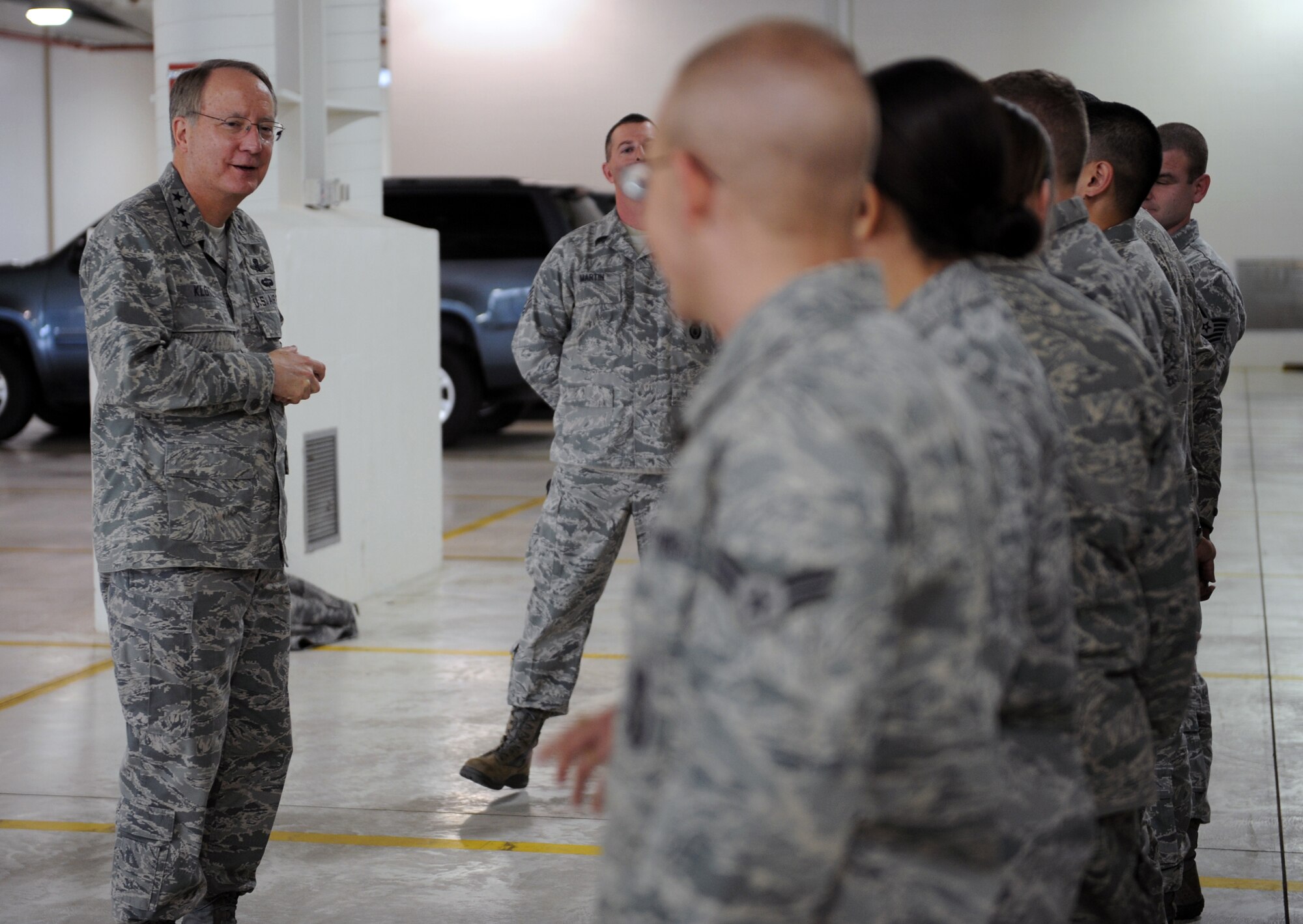 MINOT AIR FORCE BASE, N.D. -- Lt. Gen. Frank G. Klotz, Global Strike Command commander, visits with the men and women of the 91st Missile Wing here Dec. 2. General Klotz was here to welcome them to the Air Force’s newest major command aimed at reinvigorating the nuclear enterprise. (U.S. Air Force photo by Staff Sgt. Keith Ballard)