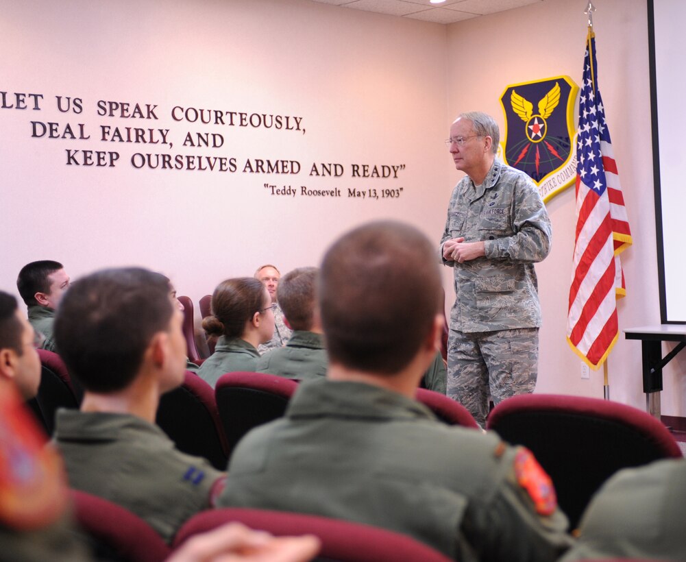 MINOT AIR FORCE BASE, N.D. -- Lt. Gen. Frank G. Klotz, Global Strike Command commander, visits with the men and women of the 91st Missile Wing here Dec. 2. General Klotz was here to welcome them to the Air Force’s newest major command aimed at reinvigorating the nuclear enterprise. (U.S. Air Force photo by Staff Sgt. Keith Ballard)