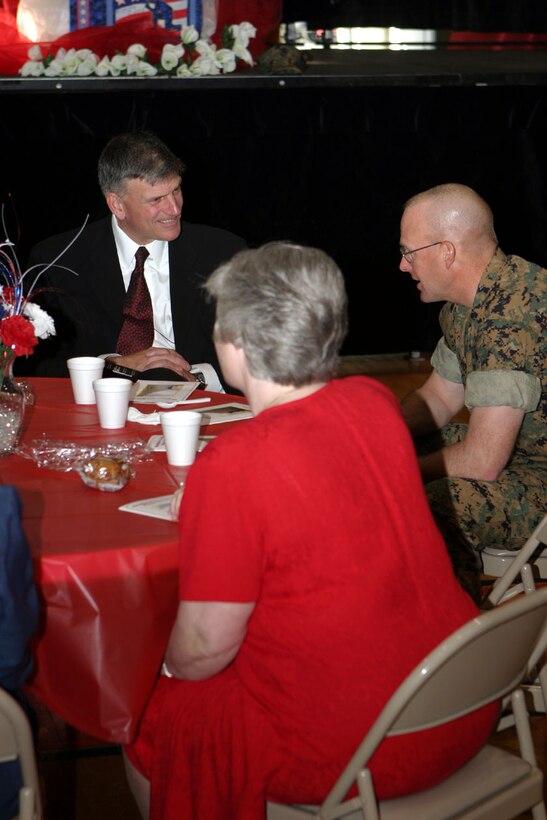 MARINE CORPS BASE CAMP LEJEUNE, N.C. - Reverend William Graham, son of famous evangelist Billy Graham, was the guest speaker for Headquarters Battalion, 2nd Marine Division's prayer breakfast here May 19.  Graham sat down and ate breakfast with Marines and members of his staff before being introduced and speaking to all the Marines. Photo by Cpl. Athanasios L. Genos