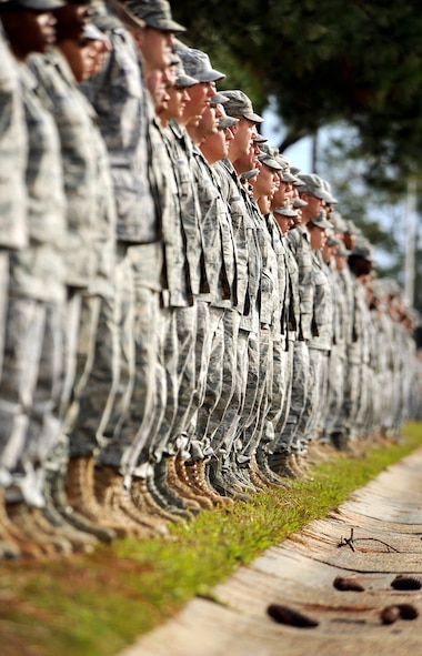 MOODY AIR FORCE BASE, Ga. -- Airmen from the 824th Security Forces Squadron, await the order of attention during a dignified transfer for U.S. Army Staff Sgt Briand T. Williams fallen soldier from Fort Benning, Ga. here Dec. 3. Sergeant Williams was killed in action when his unit was attacked by insurgents while deployed in support of operation freedom. (U.S. Air Force photo by Airman 1st Class Joshua Green)