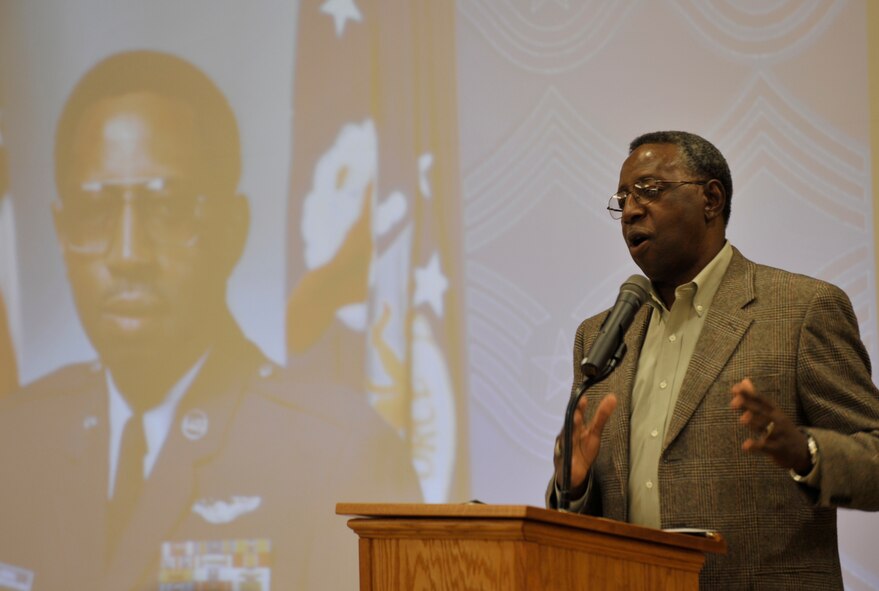 MOODY AIR FORCE BASE, Ga. -- Retired Chief Master Sgt. Frank Morman Jr. speaks during the celebration of the 50th anniversary of the creation of the rank of chief master sergeant here Dec. 1. Chief Morman finished his Air Force career here as the 347th Fighter Wing senior enlisted advisor, the highest enlisted position at Moody Air Force Base, Ga., when he retired in 1993. (U.S. Air Force photo by Senior Airman Schelli Jones)