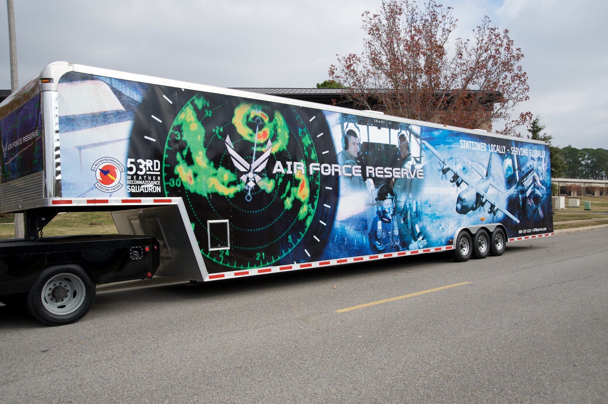 KEESLER AIR FORCE BASE, Miss. -- The Air Force Reserve Recruiting Office for the 403rd Wing has a brand new truck and trailer for hauling the miniature C-130J "Lil Bill" around the Gulf Coast. The truck and trailer are decked out with a brand new paint scheme featuring the many duties of the 403rd Wing to include: maintenance, aerial port, Hurricane Hunters, Flying Jennies and their workhorse aircraft the C-130J "Super Hercules" and many more.

Lil Bill was most recently featured at the Gulfport Veteran's Day parade and is  a staple at many airshows and local Gulf Coast events.

If you are interested in joining the 403rd Wing Team and the Air Force Reserve, call 1-800-257-1212 or www.afreserve.com.