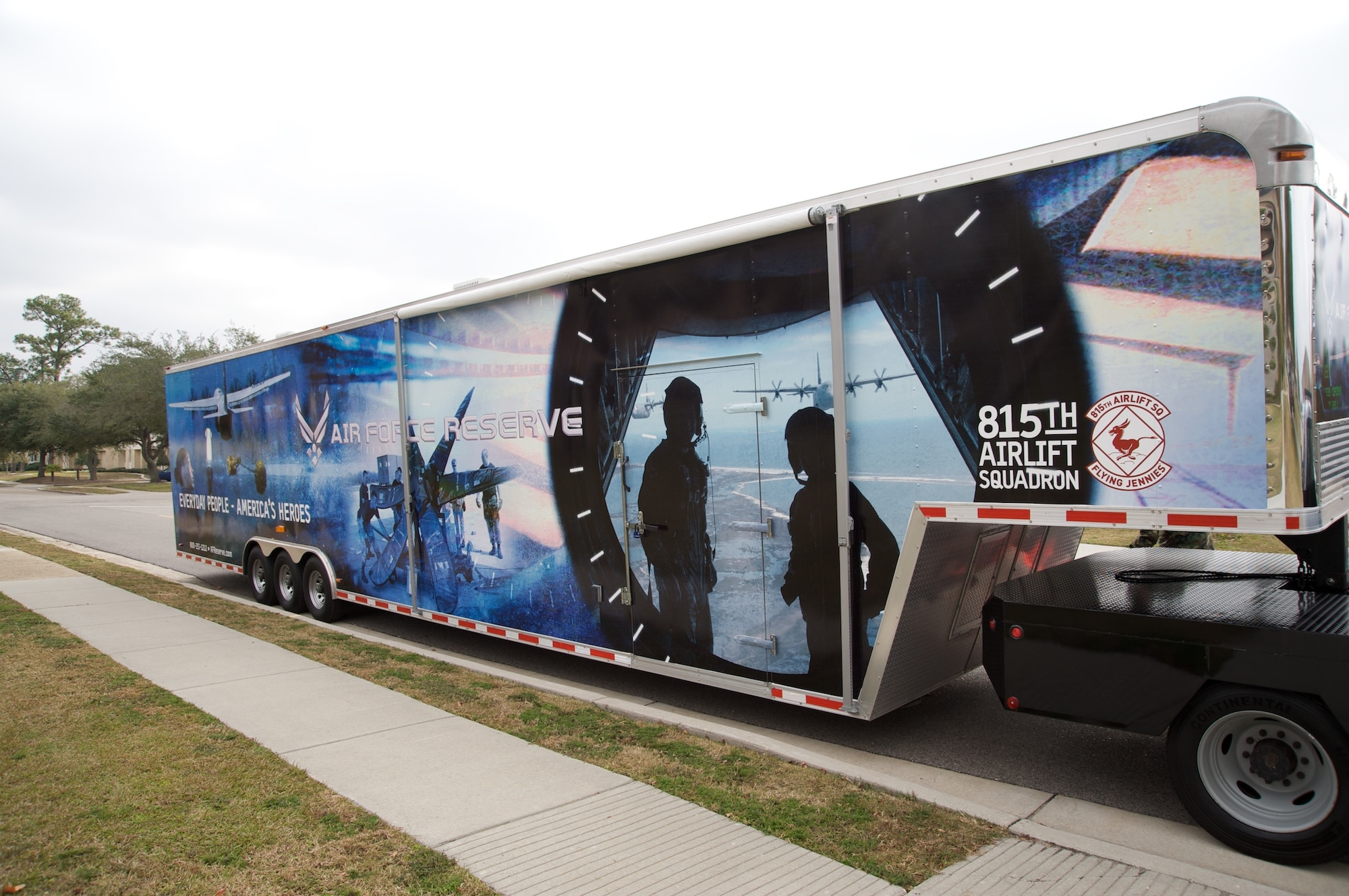 KEESLER AIR FORCE BASE, Miss. -- The Air Force Reserve Recruiting Office for the 403rd Wing has a brand new truck and trailer for hauling the miniature C-130J "Lil Bill" around the Gulf Coast. The truck and trailer are decked out with a brand new paint scheme featuring the many duties of the 403rd Wing to include: maintenance, aerial port, Hurricane Hunters, Flying Jennies and their workhorse aircraft the C-130J "Super Hercules" and many more.

Lil Bill was most recently featured at the Gulfport Veteran's Day parade and is  a staple at many airshows and local Gulf Coast events.

If you are interested in joining the 403rd Wing Team and the Air Force Reserve, call 1-800-257-1212 or www.afreserve.com.