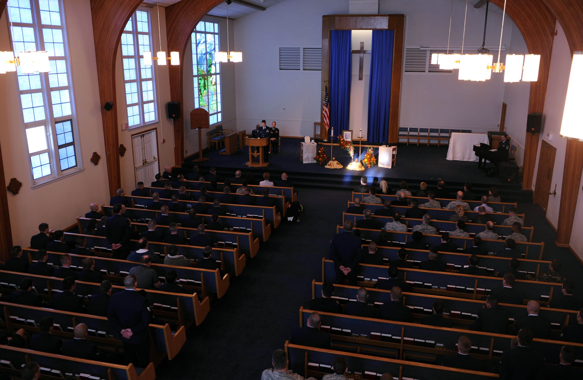 MOUNTAIN HOME AIR FORCE BASE, Idaho – Master Sgt. Jerry Wood, 366th Security Forces Squadron NCOIC of operations, takes roll call during a memorial service for Airman 1st Class Ryan Matthews at the base chapel Nov. 25. Airman Matthews was assigned to the 366th Security Forces Squadron and died in a vehicle rollover Nov. 18. (U.S. Air Force photo by Airman 1st Class Debbie Lockhart)