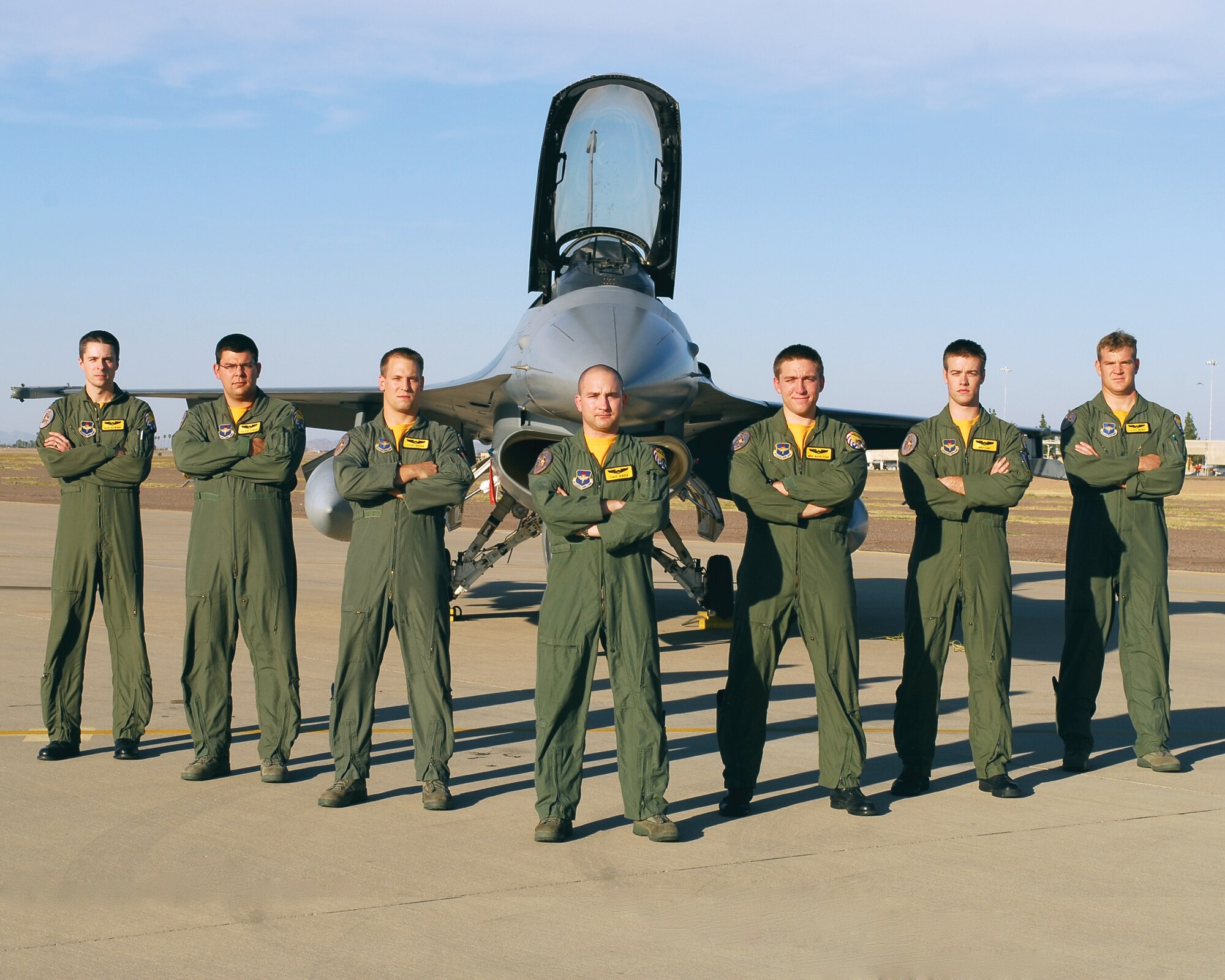Seven officers of Class 09-DBC of the 61st Fighter Squadron graduated Dec. 4, 2009. (From left):  Capts. Mark Browning, Joe Bob Howard, Steve Jensen and Christopher Jensen; 1st Lts. Michael Napolitano and Michael Cady and Capt. Scott Meyer. (U.S. Air Force photo by Senior Airman Tracie Forte)
