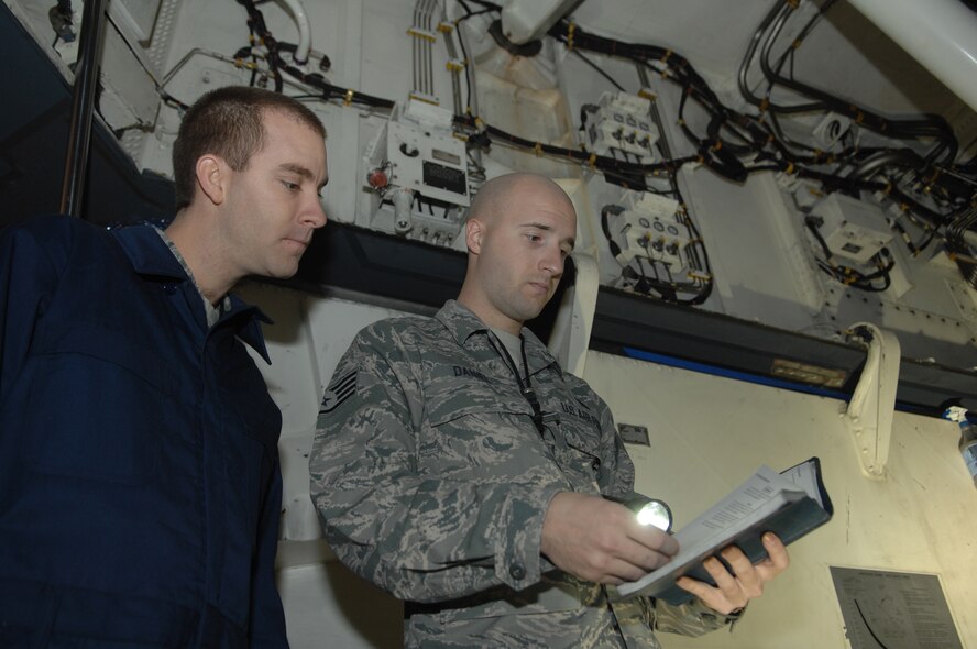 Staff Sgt.  Stephen Daniel, 509th Maintenance Squadron Aerospace Propulsion Craftsman, and Airman 1st Class Adam Foster, 509th Maintenance Squadron Aerospace Propulsion Apprentice,  perform a safe for maintenance inspection in preparation for removal of  a damaged B-2 tail pipe.(U.S. Air Force photo by Senior Airman Jessica Mae Snow) (Released)