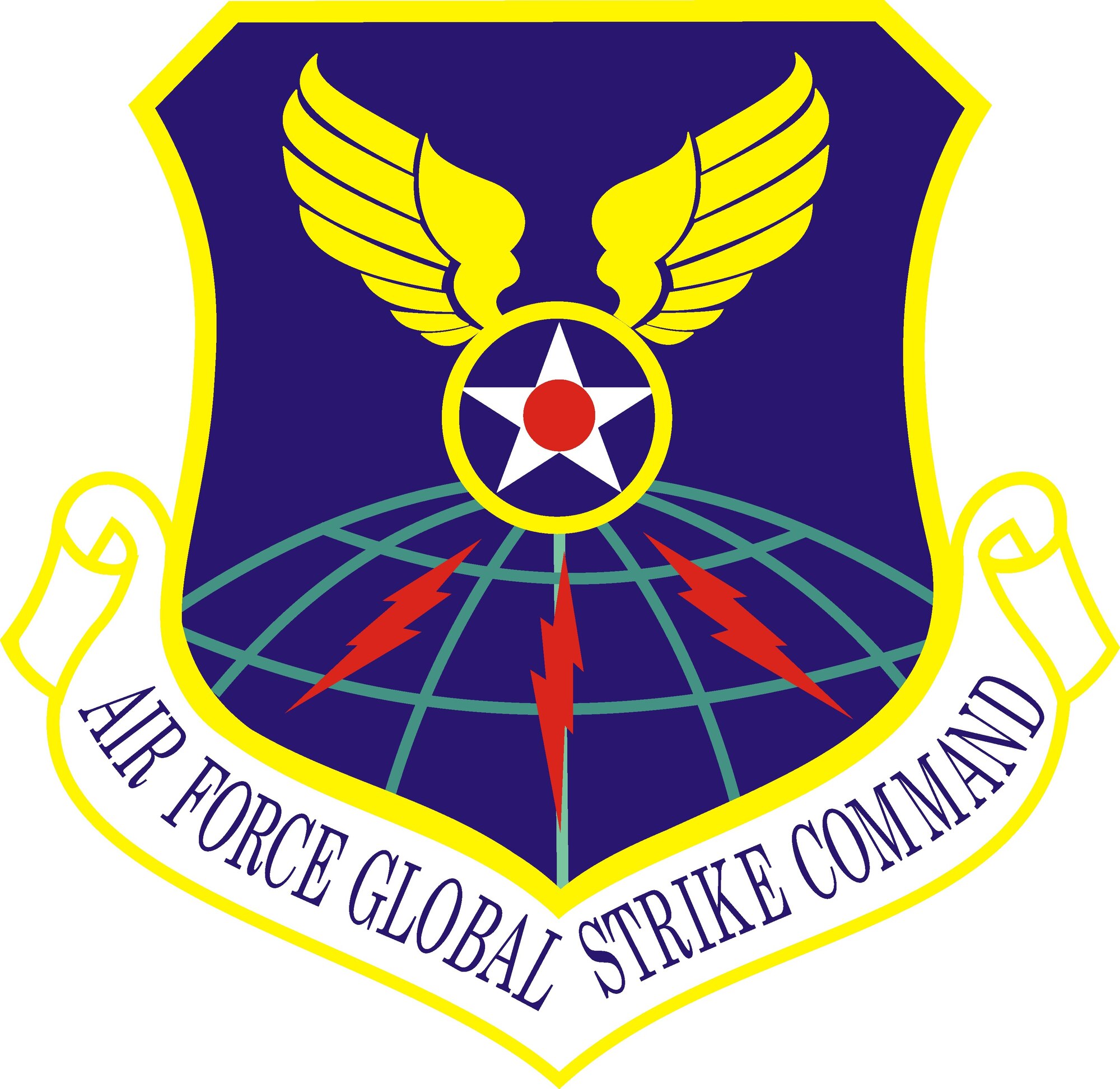 The significance of the Air Force Global Strike Command patch is: Ultramarine blue and Air Force yellow are the Air Force colors.  Blue alludes to the sky, the primary theater of Air Force operations.  Yellow refers to the sun and the excellence required of Air Force personnel.  The globe reflects the command’s global capabilities. The wings represent the dominance in the air and reflect the lineage to the Army Air Corps.  The star represents clarity of purpose to maintain readiness and deter adversaries.  The circle in the middle of the star is significant of the past and present Airmen who have made individual sacrifices to achieve mission goals.  The lightning flashes, symbolic of speed and power, represent the warfighting mission, should deterrence fail, and are reminiscent of the lineage to Strategic Air Command. 