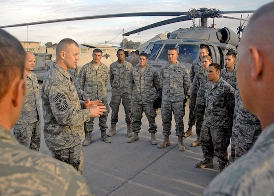 Chief Master Sgt. of the Air Force James A. Roy speaks to Airmen from the 55th Expeditionary Rescue Squadron about the impact and role they play in the Air Force here, Nov. 29, 2009 at Kandahar Airfield, Afghanistan. Chief Roy spent two days touring Kandahar Airfield's many squadrons and offices listening and talking to Airmen. (U.S. Air Force photo/Senior Airman Timothy Taylor)
