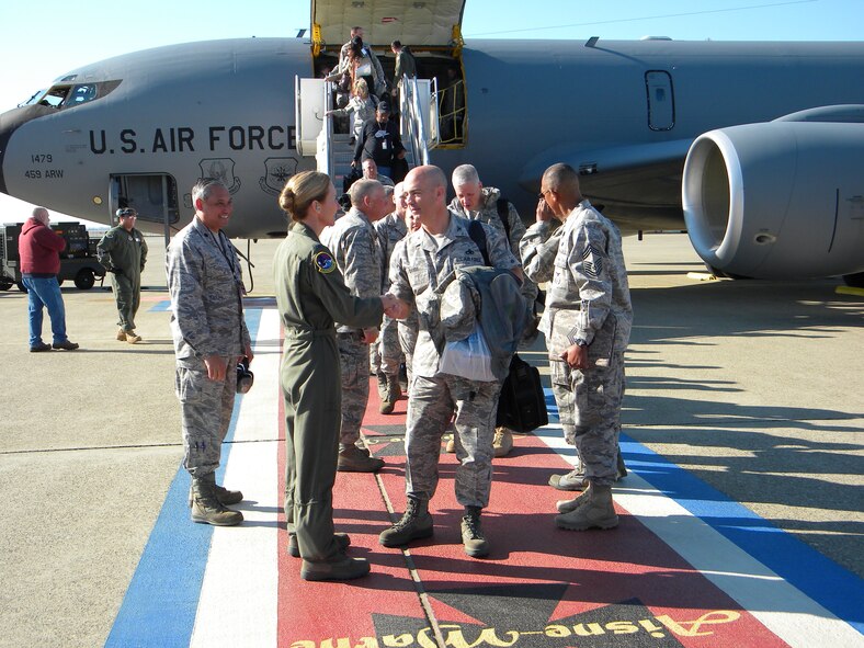 Colonel Troy Devine, 940th Wing Vice Commander, and  Lt. Col. Faustino Perez, 13th Reconnaissance Maintenance Officer, along with other members of the wing leadership, welcome members of the Air Force Reserve Command inspection teams as they arrive at Beale Air Force Base, Dec 2.  The teams will be conducting a Unit Compliance Inspection throughout the 940 WG during the December UTA.  