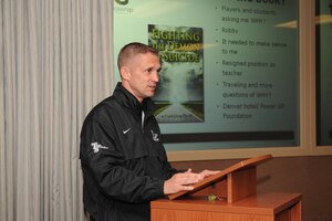 LANGLEY AIR FORCE BASE, Va. -- Coach Doug Merrill, ultra-marathon runner and author of "Fighting the Demons of Suicide," speaks to Langley Airmen Dec. 1 about achieving positive mental health through physical fitness. As a motivational speaker, Coach Merrill encourages young adults to stay active, achieve goals, and watch for suicidal symptoms in friends and family members. (U.S. Air Force photo/Airman 1st Class Gul Crockett)