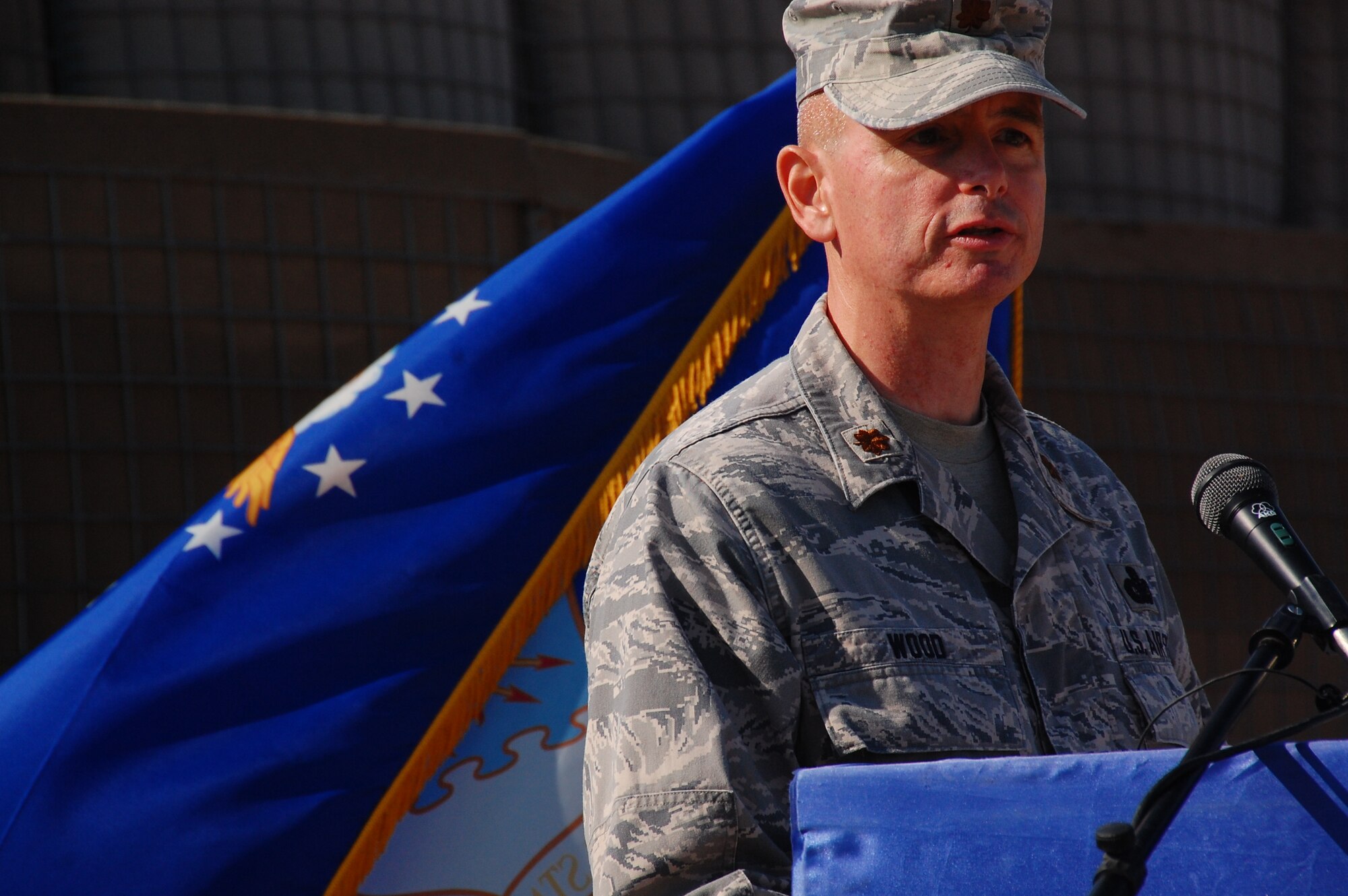 CAMP BUCCA, Iraq -- Maj. Larry Wood, 887th Expeditionary Security Forces Squadron commander, addresses attendees during the 887th ESFS Deactivation Ceremony Dec. 3, 2009. The 887th ESFS was activated in 2004 and was responsible for all-around, full-spectrum defense of the camp. The ceremony was held to mark the successful completion of their mission. The job of base security will be turned back over to Army personnel. (U.S. Air Force photo/Staff Sgt. Shaun Emery)